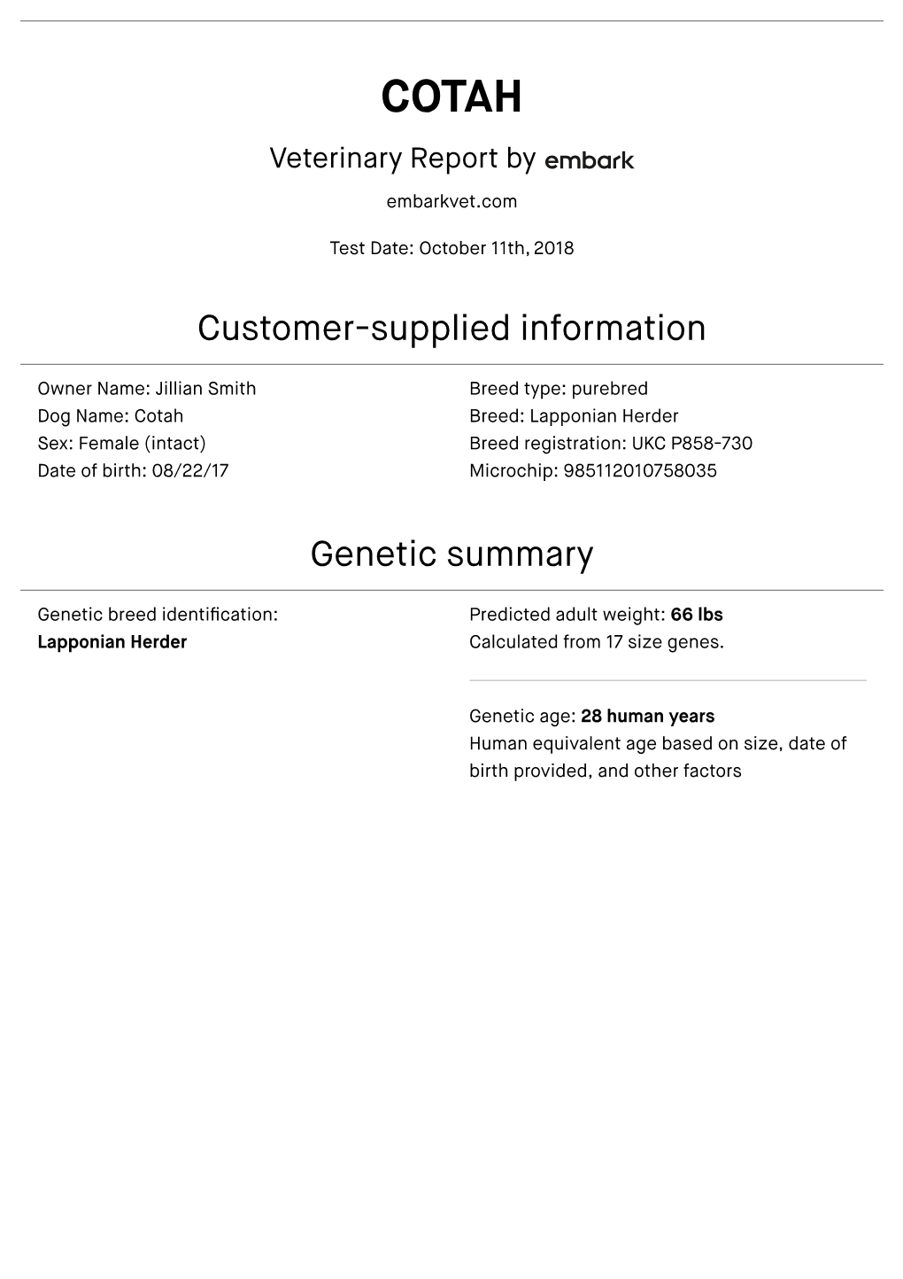 Customer-Supplied Information Genetic Summary