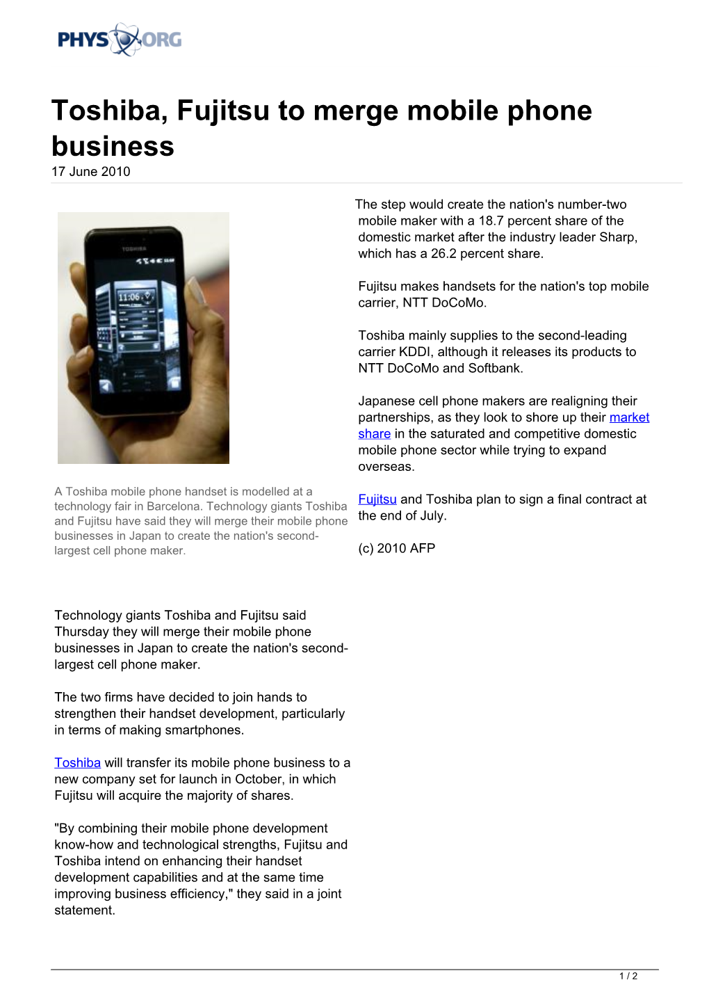 Toshiba, Fujitsu to Merge Mobile Phone Business 17 June 2010