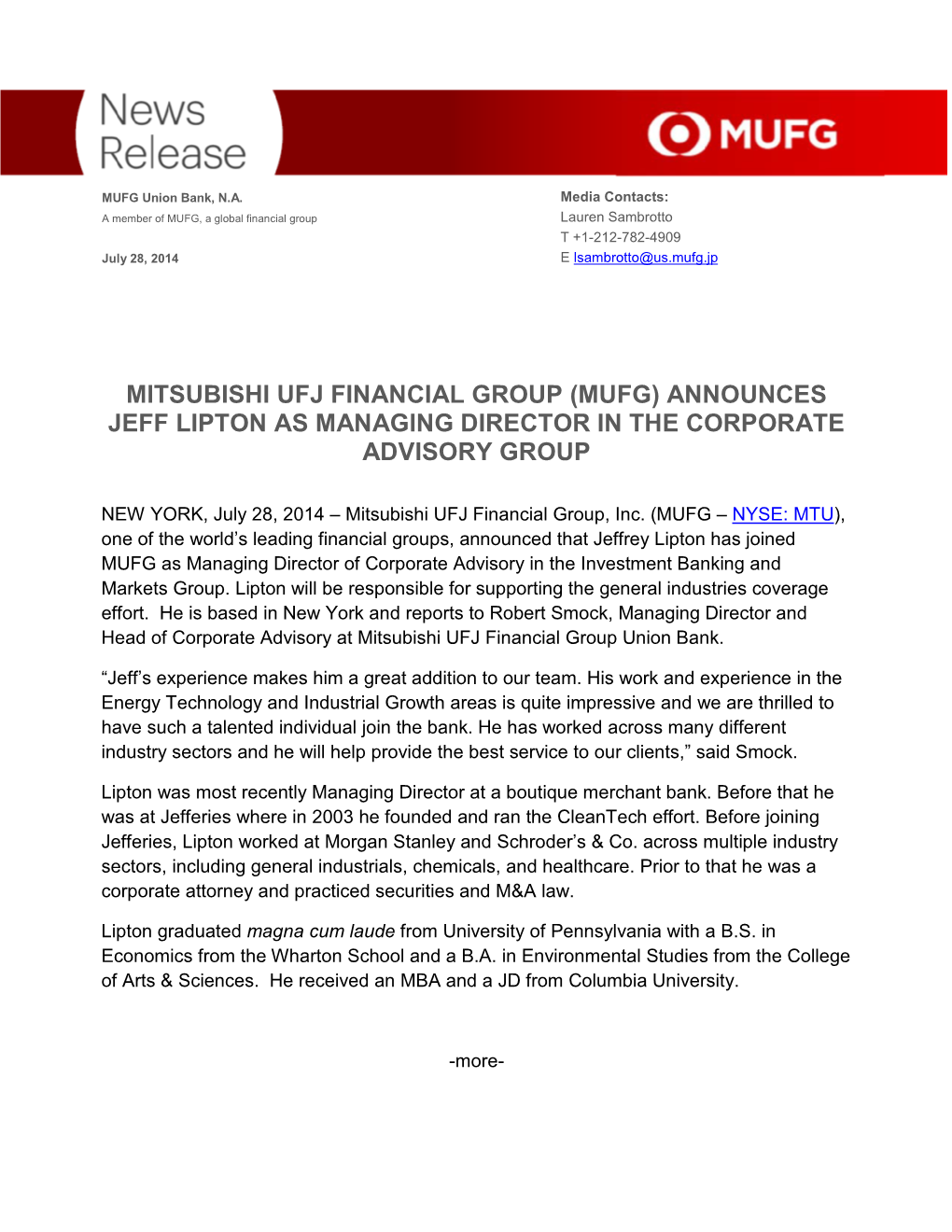 (Mufg) Announces Jeff Lipton As Managing Director in the Corporate Advisory Group