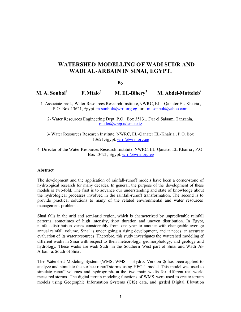 Watershed Modelling of Wadi Sudr and Wadi Al-Arbain in Sinai, Egypt