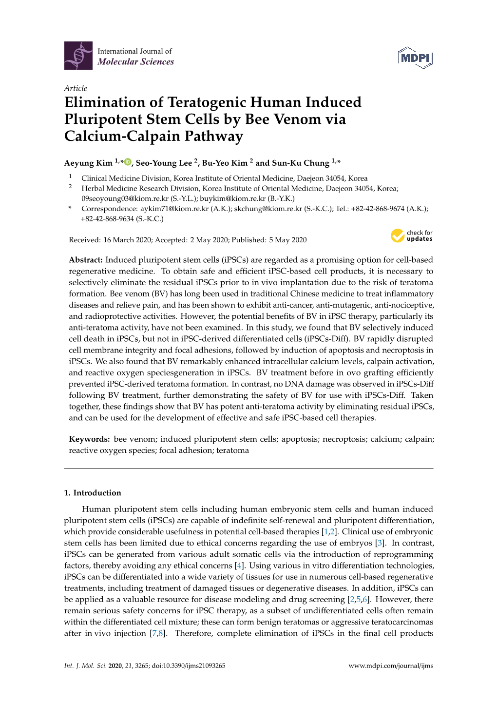 Elimination of Teratogenic Human Induced Pluripotent Stem Cells by Bee Venom Via Calcium-Calpain Pathway