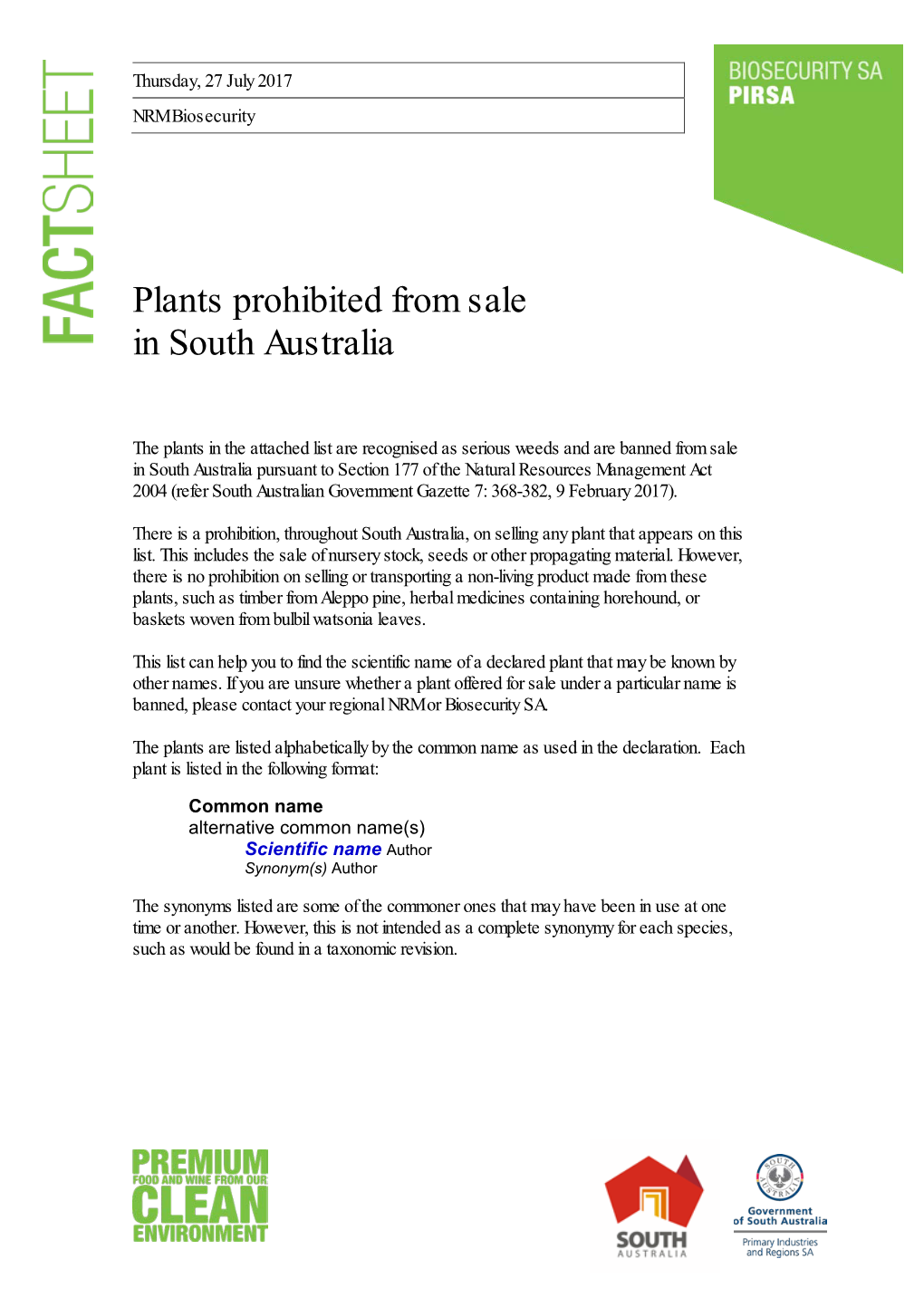 Plants Prohibited from Sale in South Australia