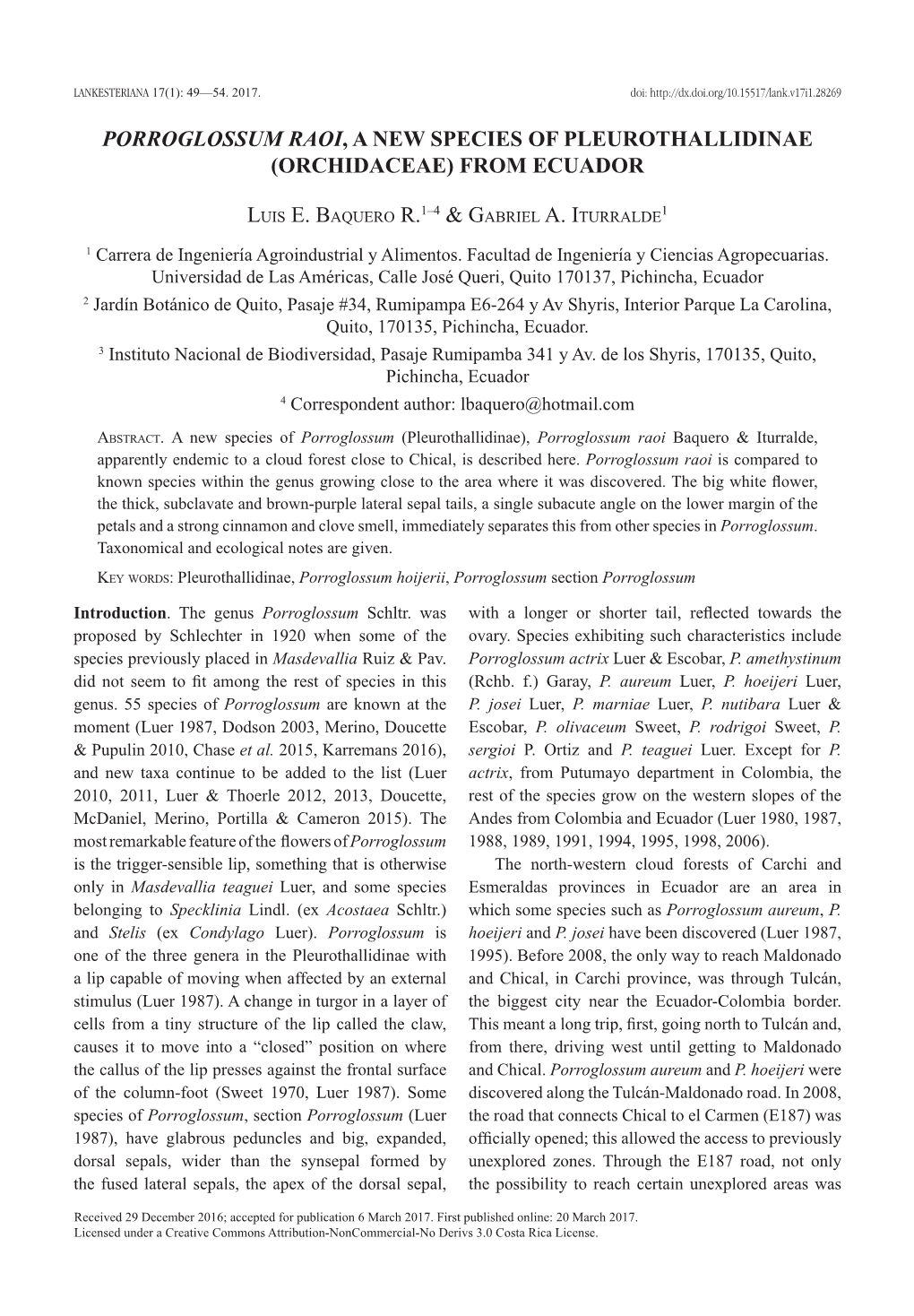 Porroglossum Raoi, a New Species of Pleurothallidinae (Orchidaceae) from Ecuador