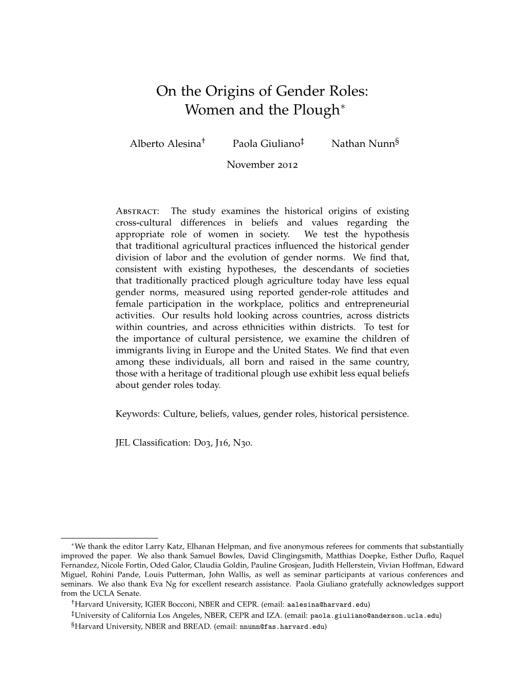 On the Origins of Gender Roles: Women and the Plough∗