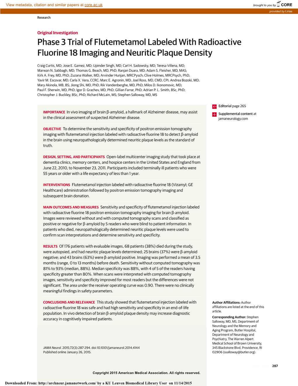 Phase 3 Trial of Flutemetamol Labeled with Radioactive Fluorine 18 Imaging and Neuritic Plaque Density
