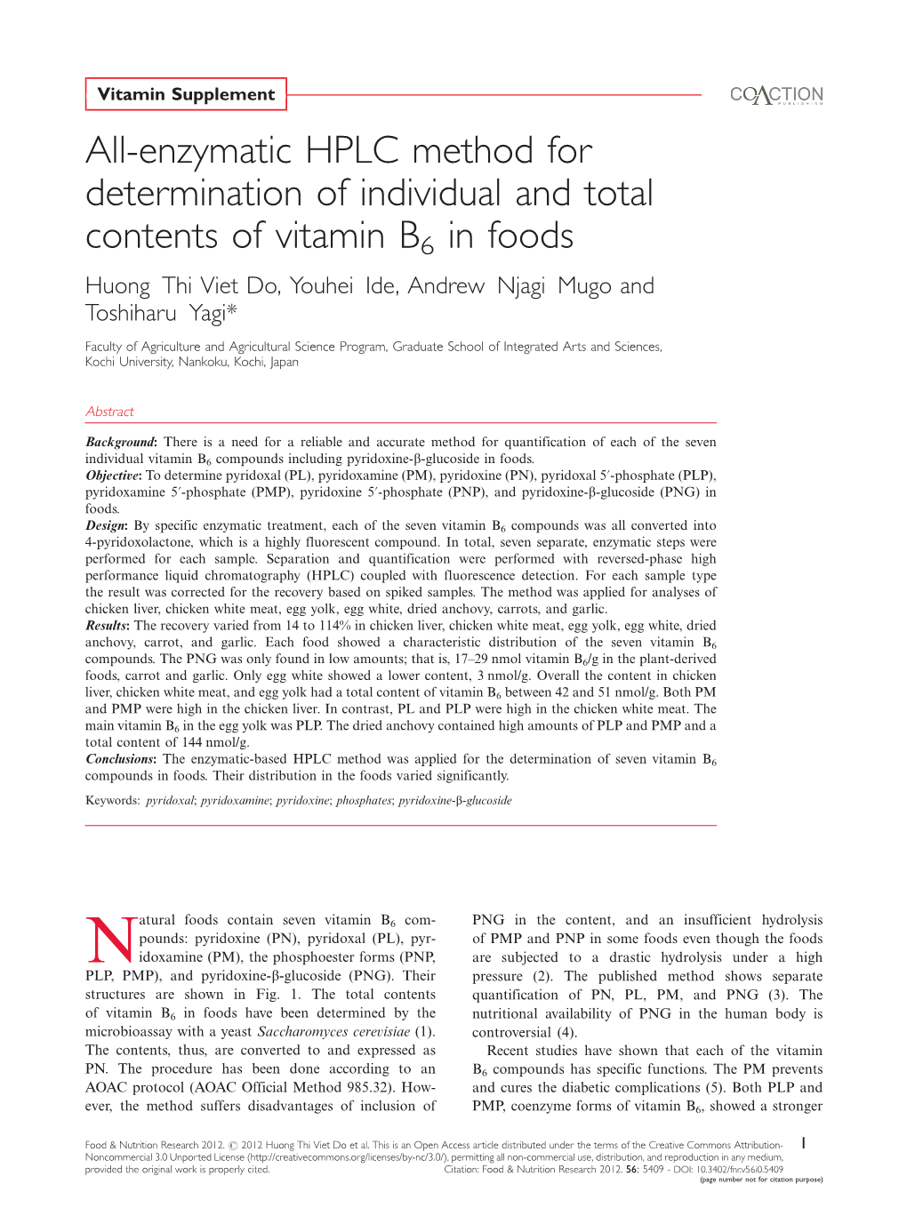 All-Enzymatic HPLC Method for Determination of Individual and Total Contents of Vitamin B6 in Foods