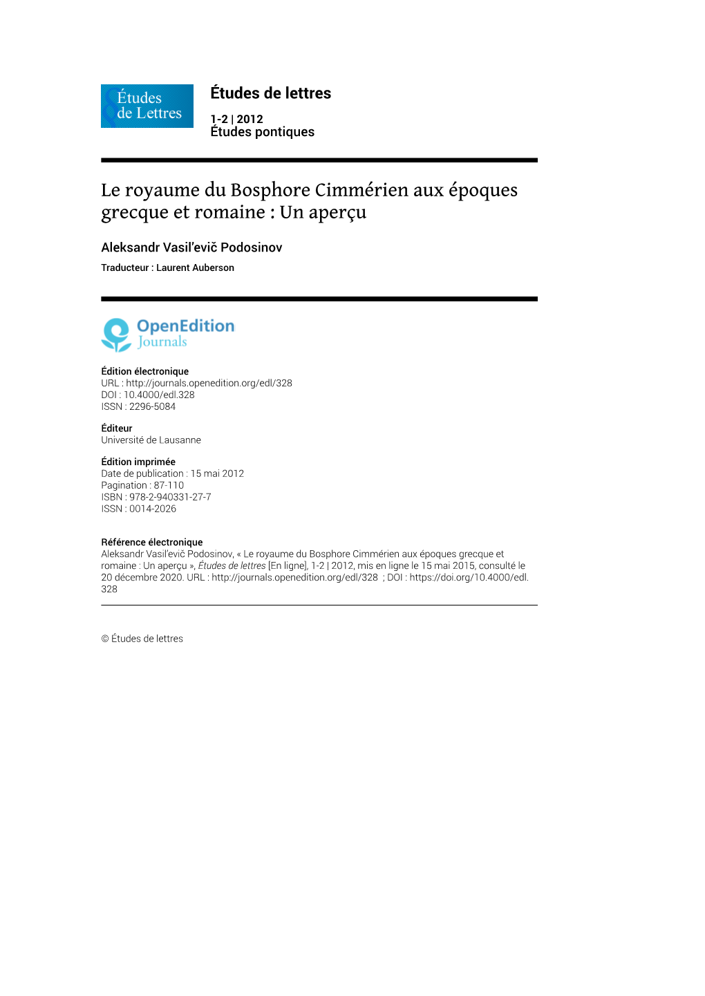 Le Royaume Du Bosphore Cimmérien Aux Époques Grecque Et Romaine : Un Aperçu