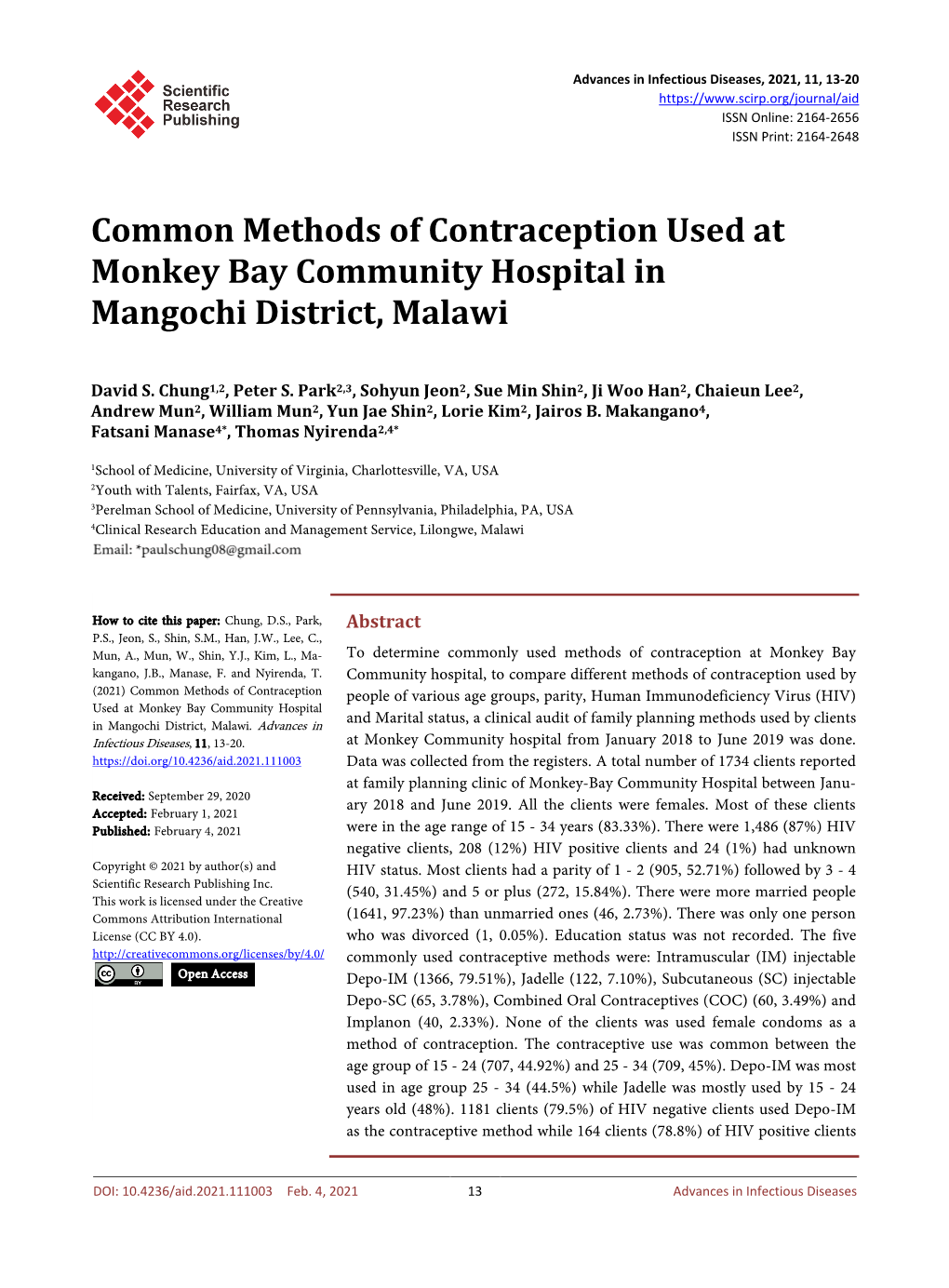 Common Methods of Contraception Used at Monkey Bay Community Hospital in Mangochi District, Malawi