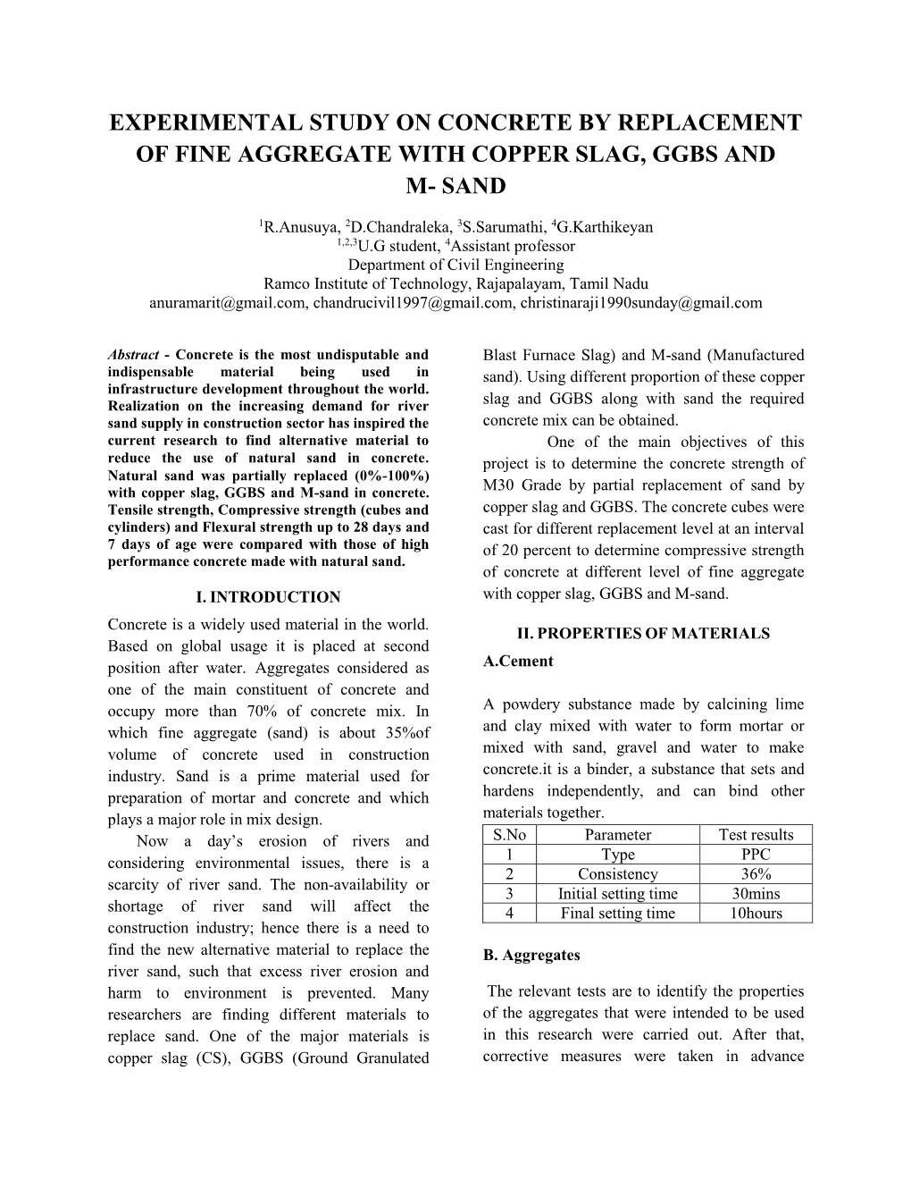 Experimental Study on Concrete by Replacement of Fine Aggregate with Copper Slag, Ggbs and M- Sand