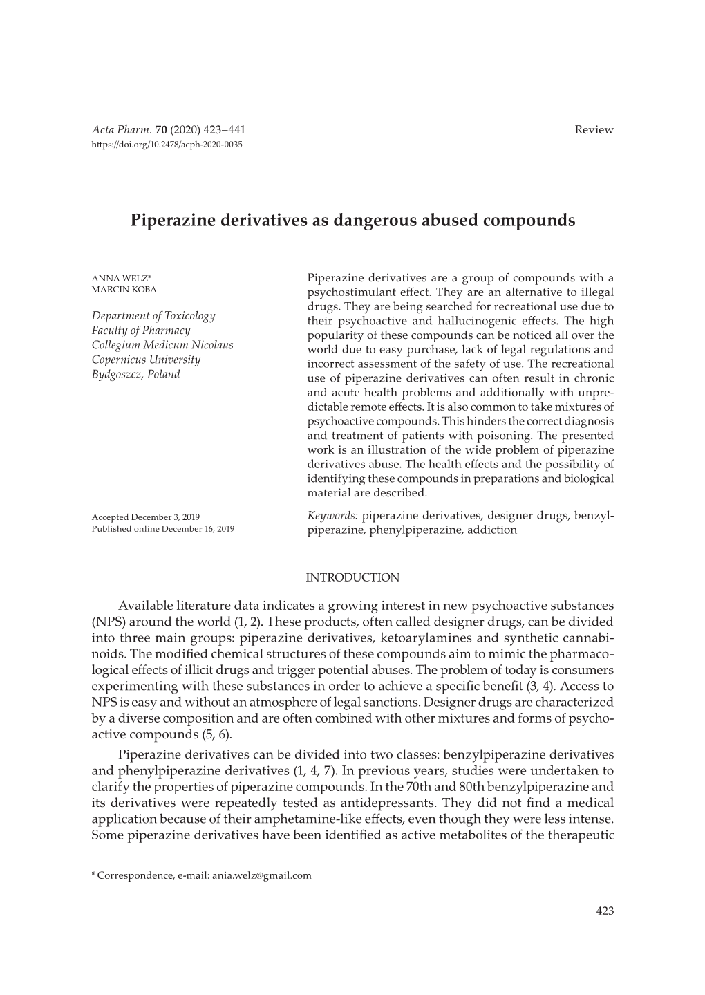 Piperazine Derivatives As Dangerous Abused Compounds