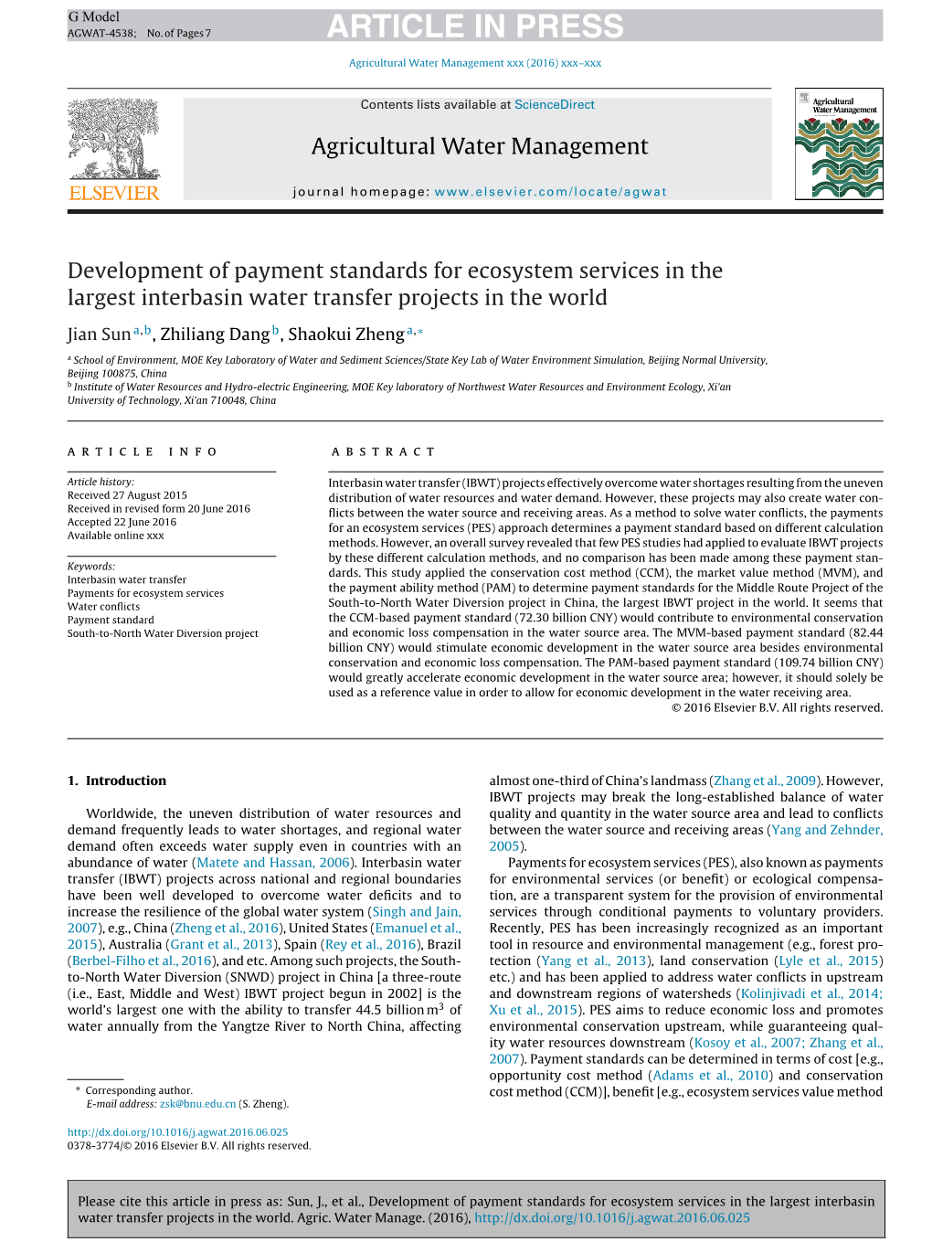 Development of Payment Standards for Ecosystem Services in The