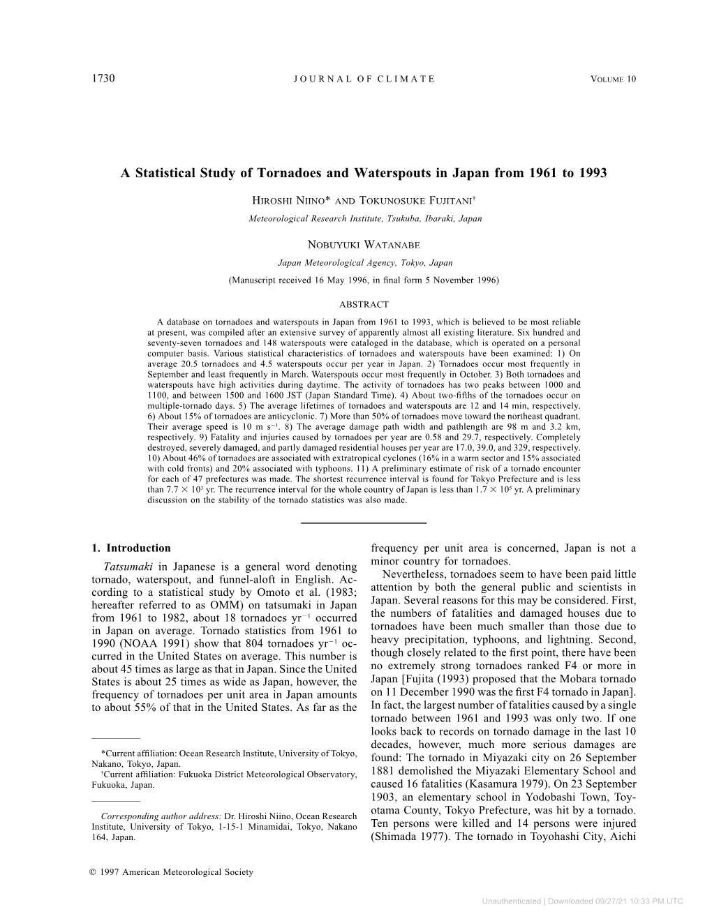 A Statistical Study of Tornadoes and Waterspouts in Japan from 1961 to 1993