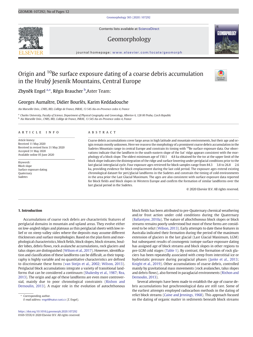 Origin and 10Be Surface Exposure Dating of a Coarse Debris Accumulation in the Hrubý Jeseník Mountains, Central Europe