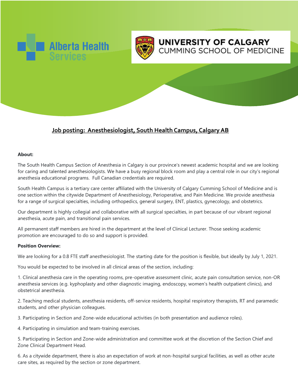 Job Posting: Anesthesiologist, South Health Campus, Calgary AB