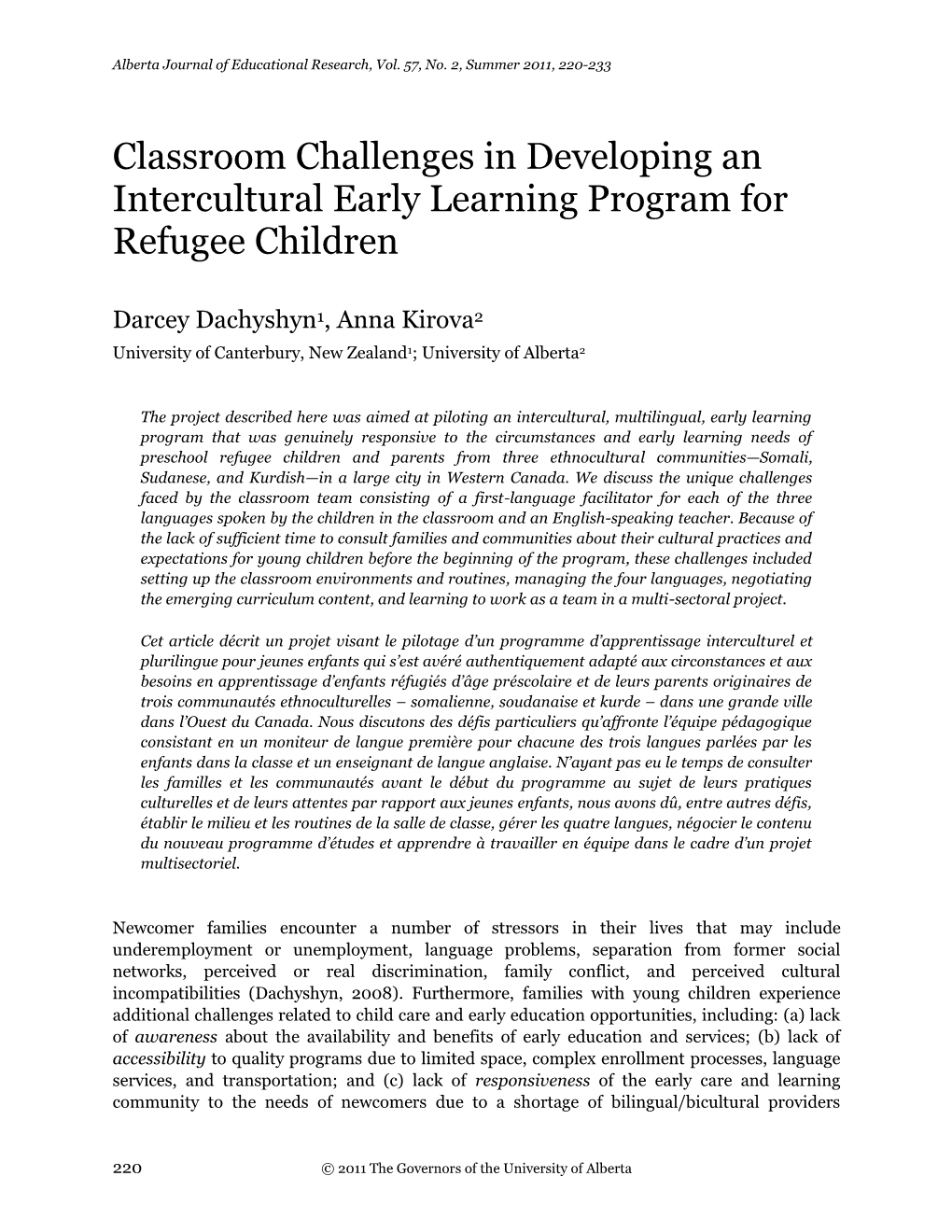 Classroom Challenges in Developing an Intercultural Early Learning Program for Refugee Children