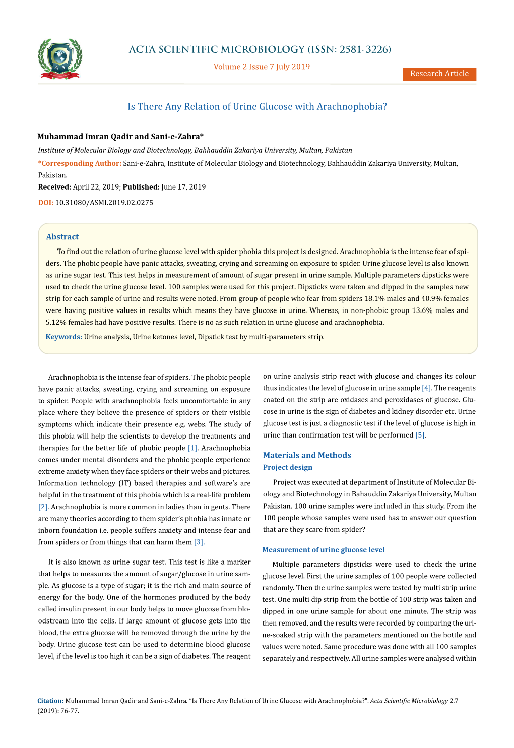 Is There Any Relation of Urine Glucose with Arachnophobia?