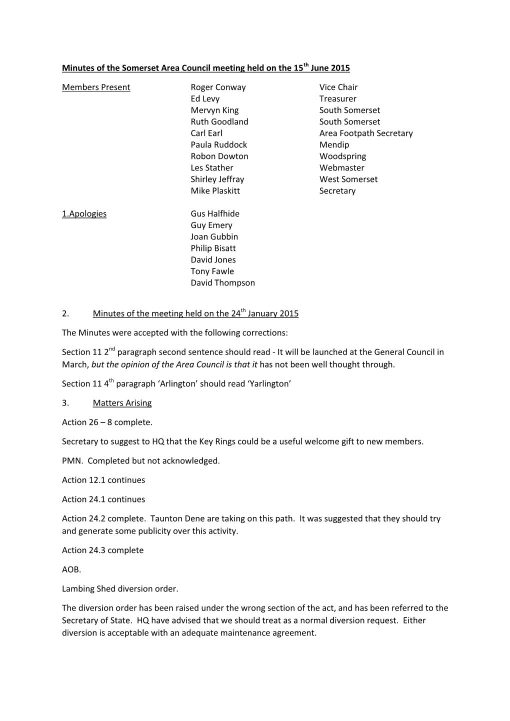 Minutes of the Somerset Area Council Meeting Held on the 15Th June 2015