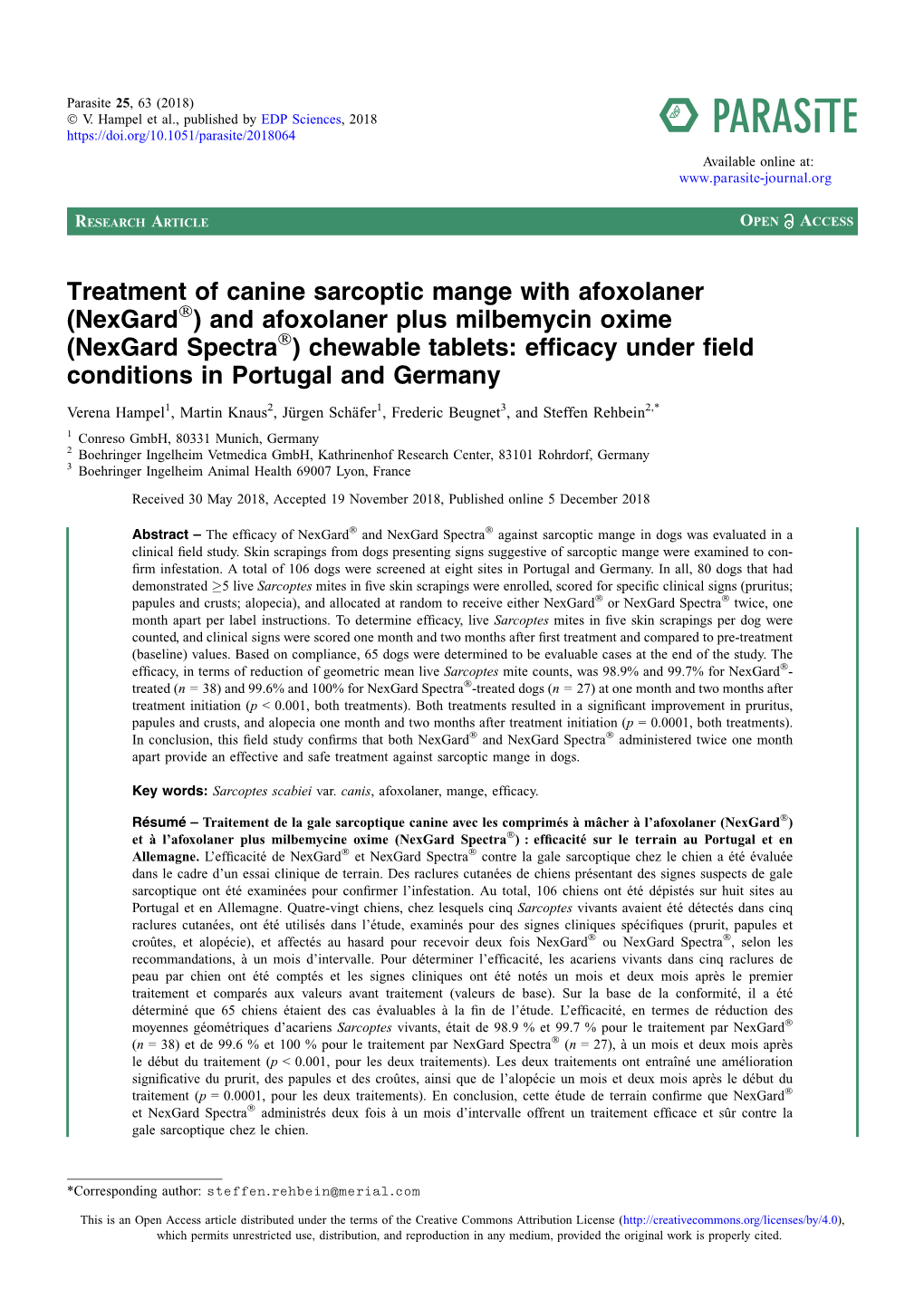 Treatment of Canine Sarcoptic Mange with Afoxolaner (Nexgard®)