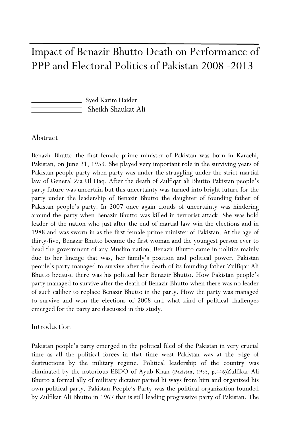 Impact of Benazir Bhutto Death on Performance of PPP and Electoral Politics of Pakistan 2008 -2013