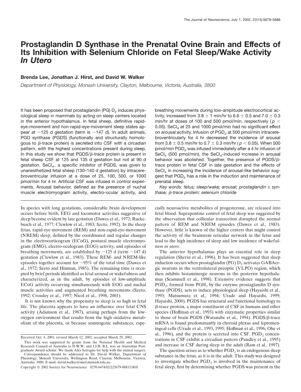 Prostaglandin D Synthase in the Prenatal Ovine Brain and Effects of Its Inhibition with Selenium Chloride on Fetal Sleep/Wake Activity in Utero