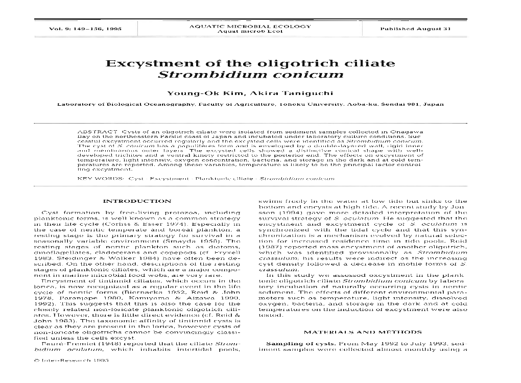 Excystment of the Oligotrich Ciliate Strom Bidium Conicum