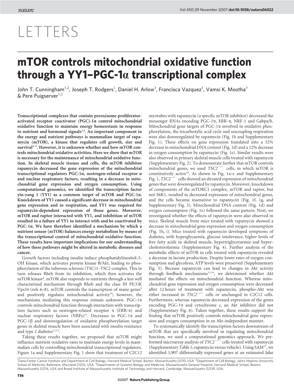 LETTERS Mtor Controls Mitochondrial Oxidative Function Through a YY1–PGC-1A Transcriptional Complex