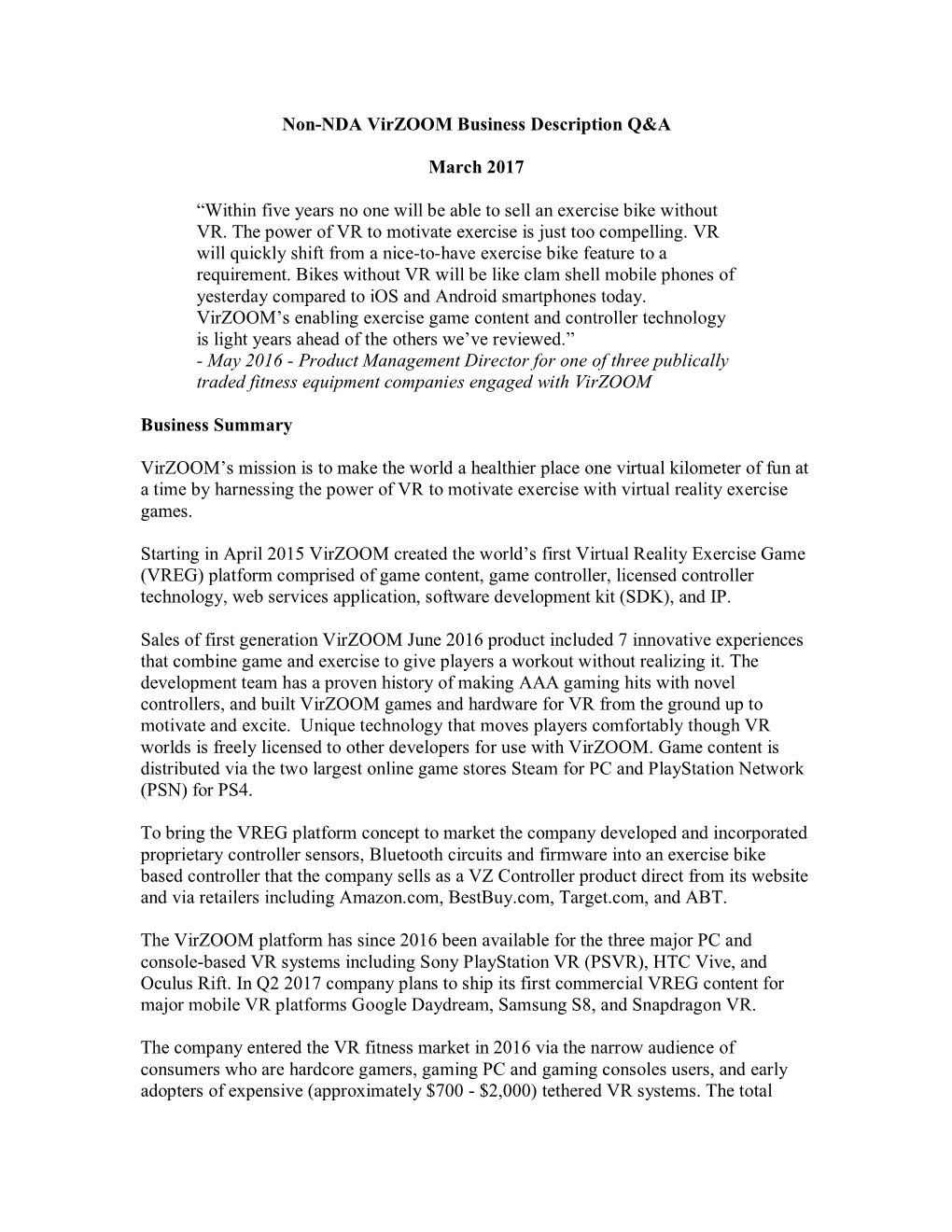 Non-NDA Virzoom Business Description Q&A March 2017 “Within Five Years No One Will Be Able to Sell an Exercise Bike Withou