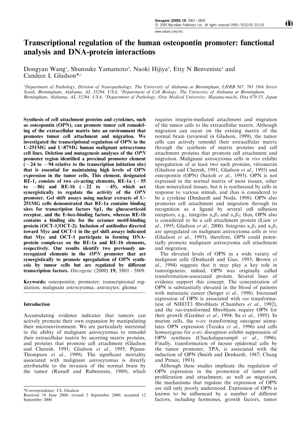 Transcriptional Regulation of the Human Osteopontin Promoter: Functional Analysis and DNA-Protein Interactions