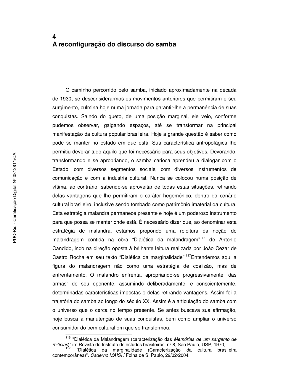 4 a Reconfiguração Do Discurso Do Samba