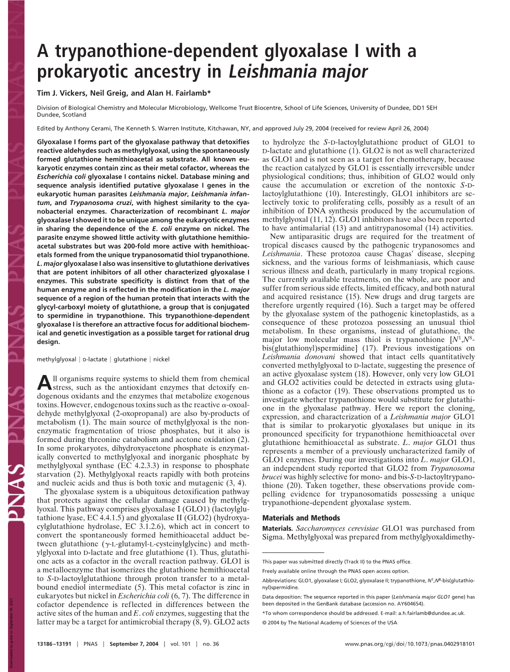 A Trypanothione-Dependent Glyoxalase I with a Prokaryotic Ancestry in Leishmania Major