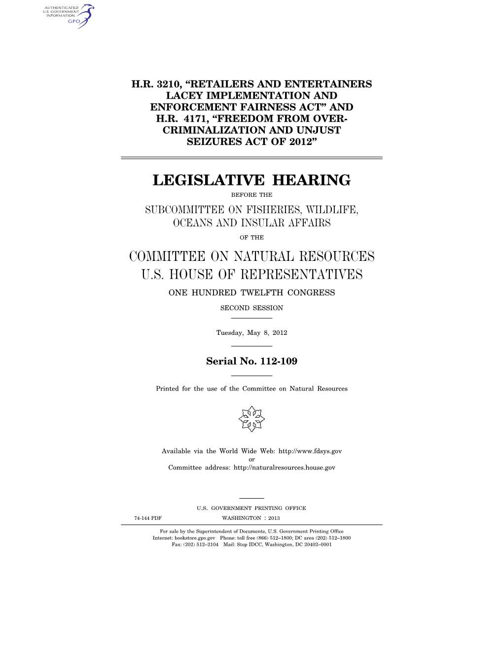 Legislative Hearing Committee on Natural Resources U.S