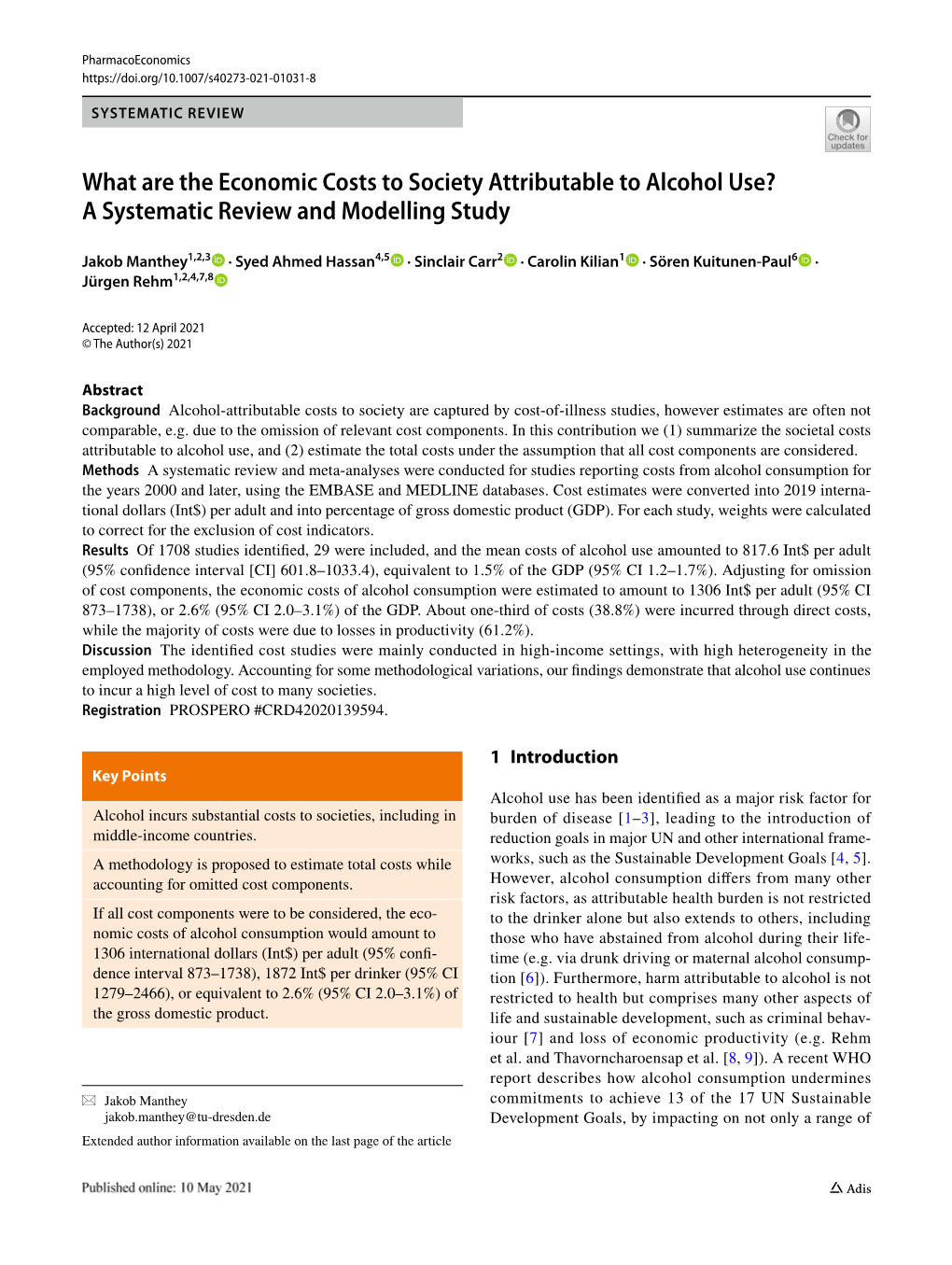 What Are the Economic Costs to Society Attributable to Alcohol Use? a Systematic Review and Modelling Study