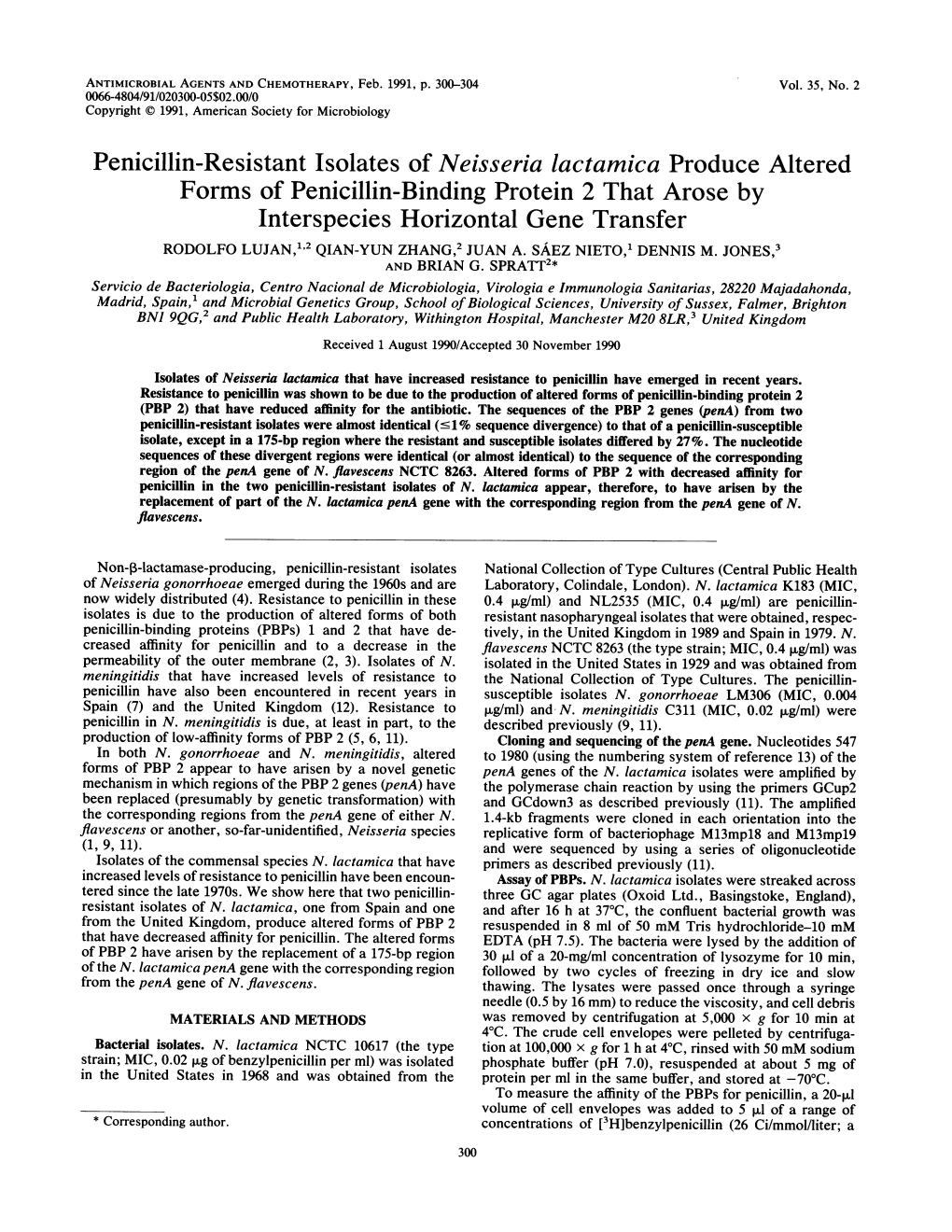 Forms of Penicillin-Binding Protein 2 That Arose by Interspecies Horizontal Gene Transfer RODOLFO LUJAN,