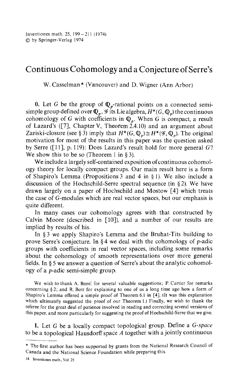 Continuous Cohomology and a Conjecture of Serre's