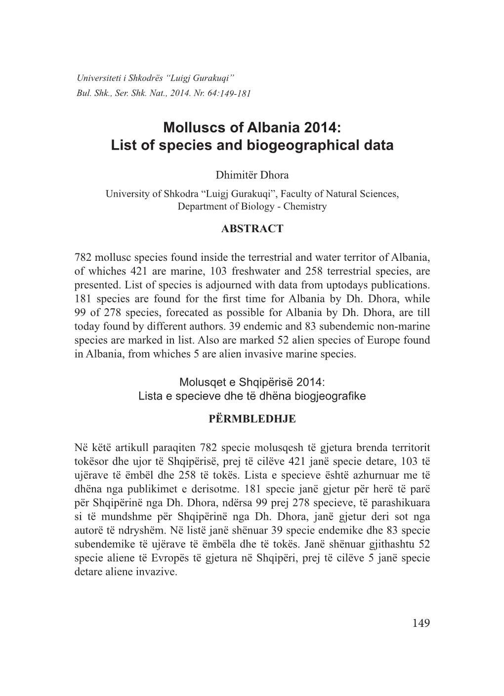 Molluscs of Albania 2014: List of Species and Biogeographical Data
