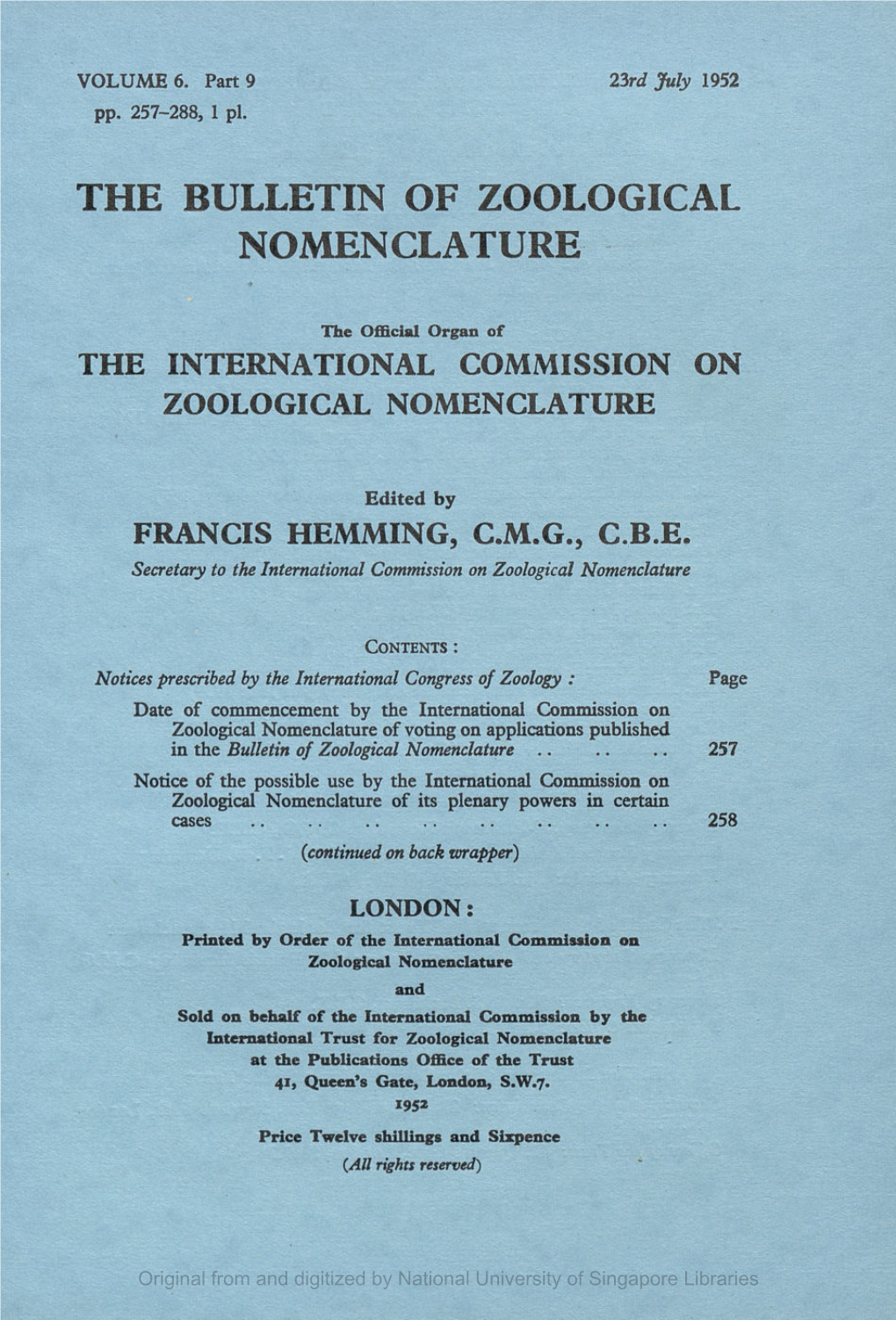 The Bulletin of Zoological Nomenclature. Vol 6, Part 9