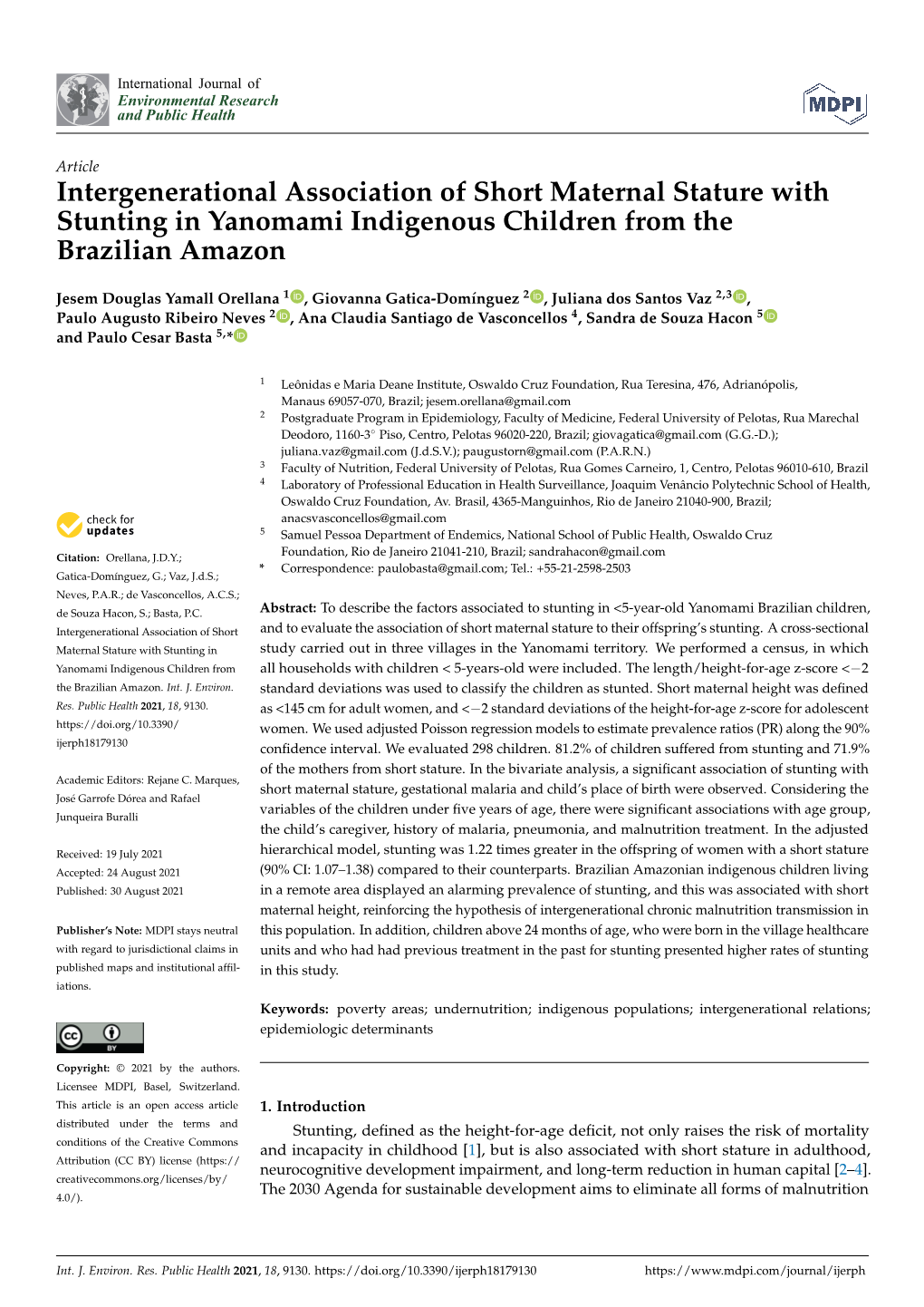 Intergenerational Association of Short Maternal Stature with Stunting in Yanomami Indigenous Children from the Brazilian Amazon