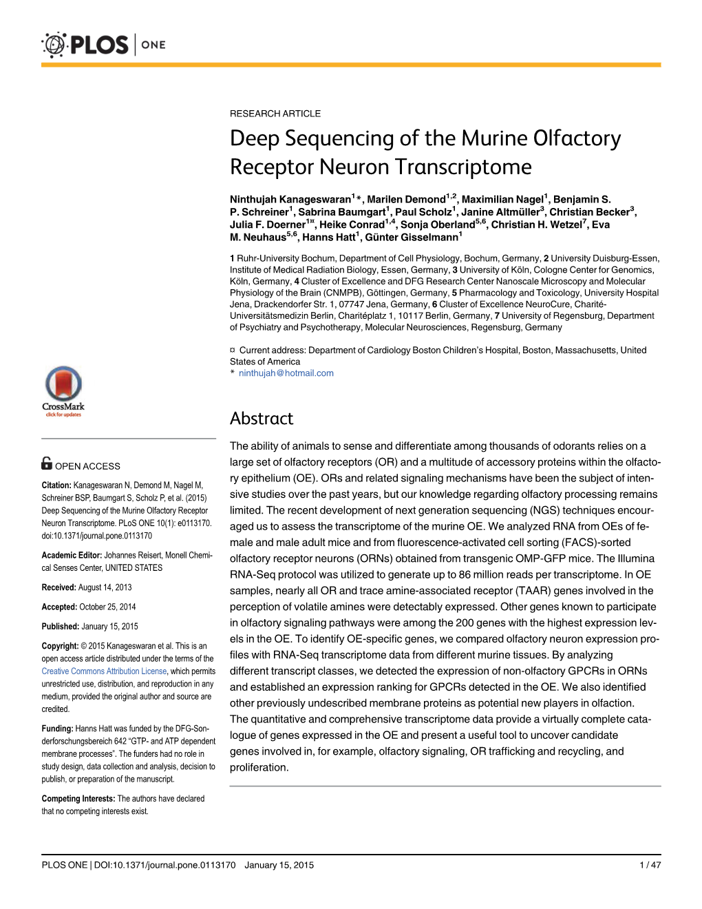 Deep Sequencing of the Murine Olfactory Receptor Neuron Transcriptome