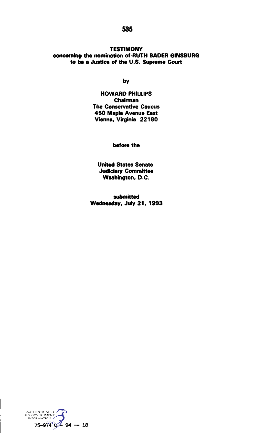 TESTIMONY Concerning the Nomination of RUTH BADER GINSBURG to Be a Justice of the U.S