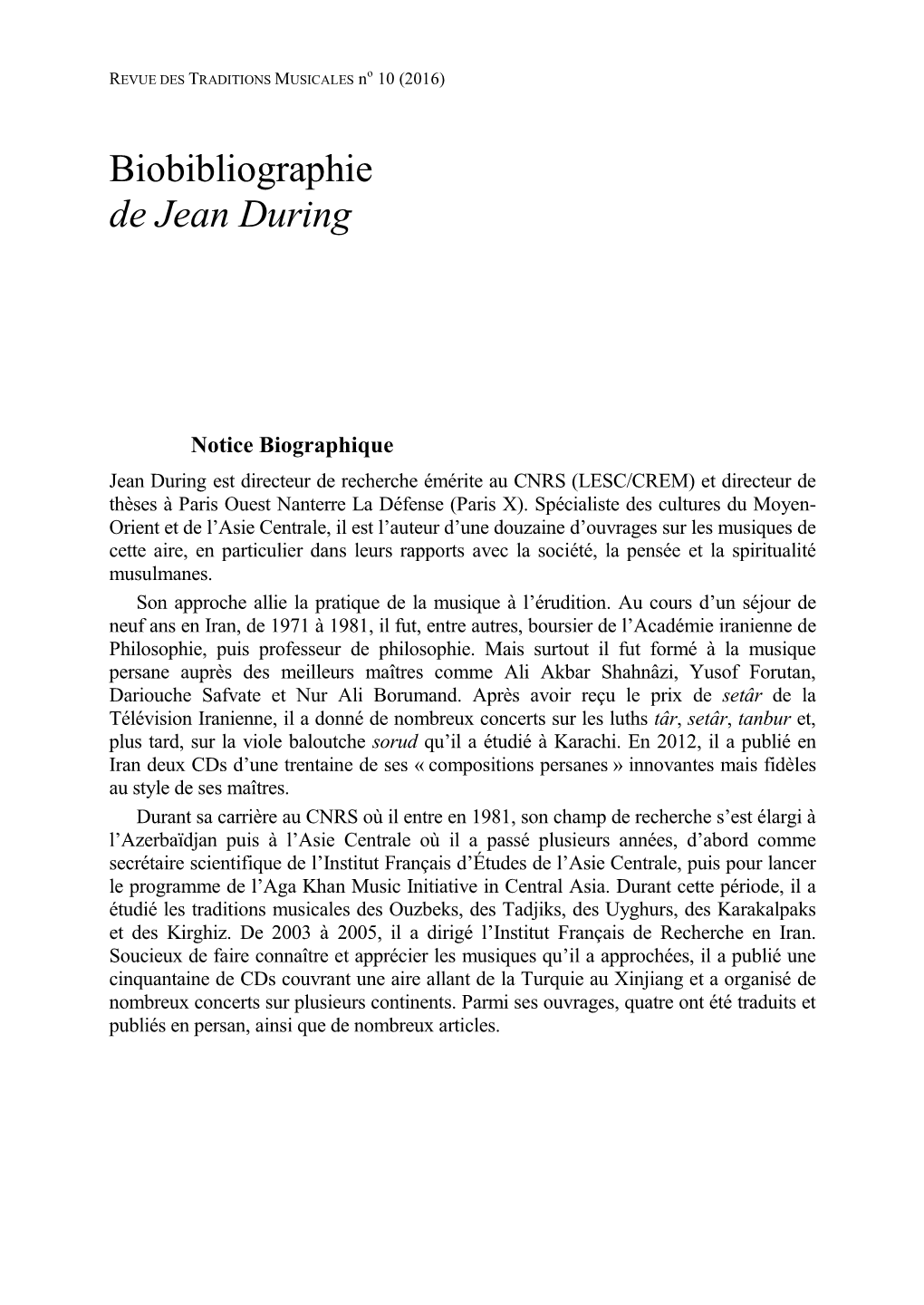 DURING, Jean, 2016, « Bibliographie », Revue Des