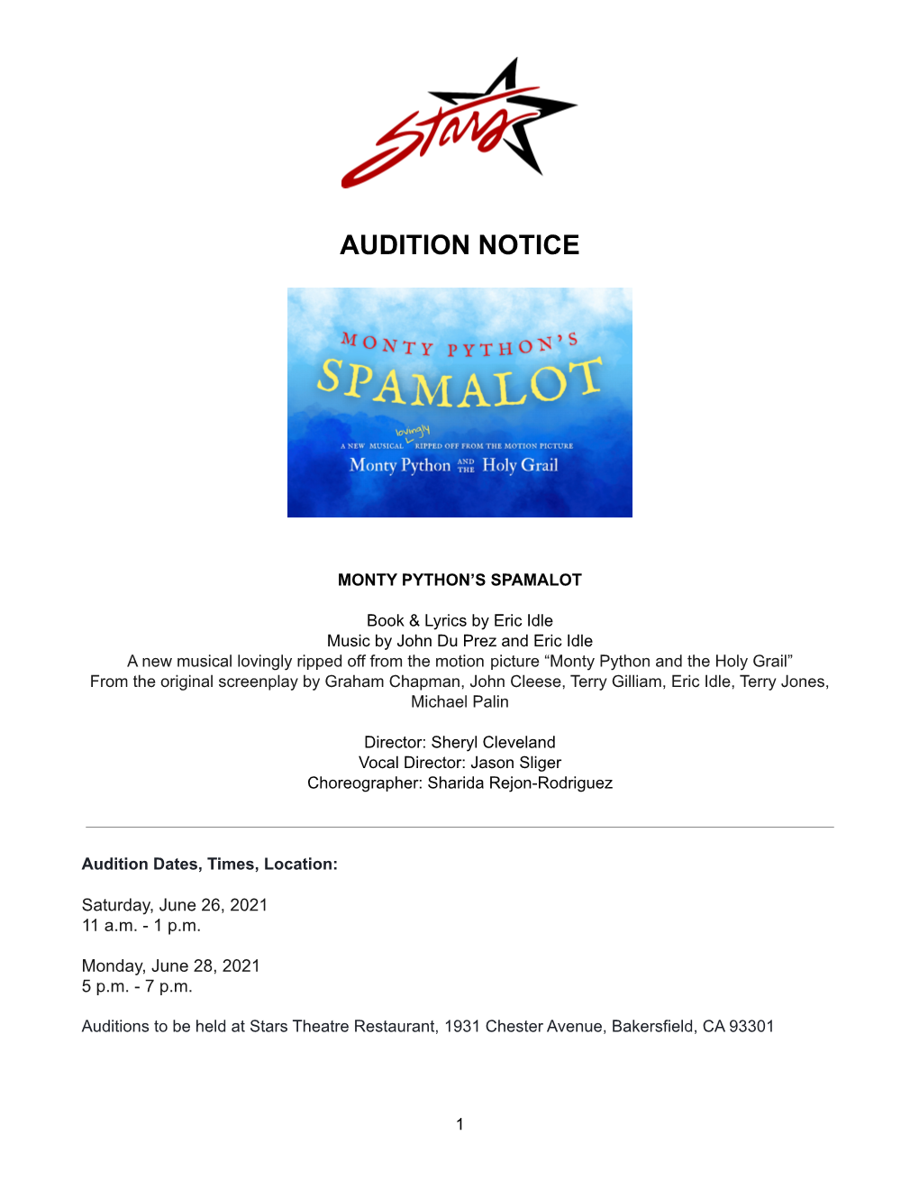 Spamalot Audition Notice