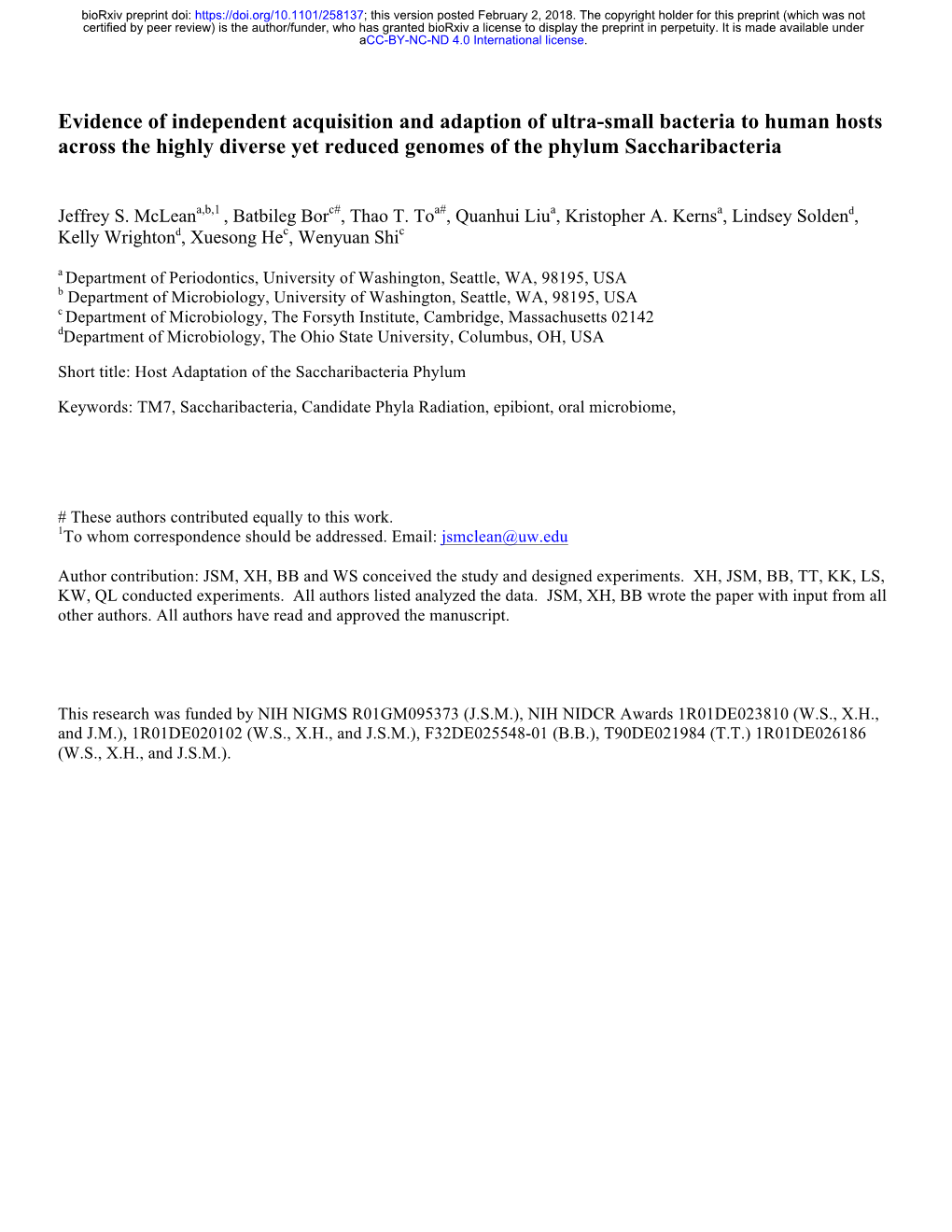 Evidence of Independent Acquisition and Adaption of Ultra-Small Bacteria to Human Hosts Across the Highly Diverse Yet Reduced Genomes of the Phylum Saccharibacteria