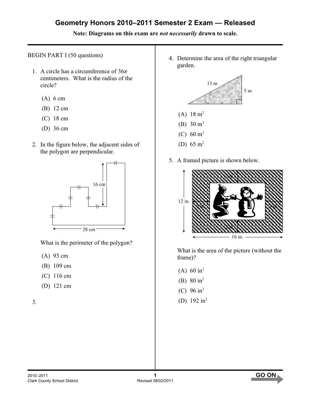 Geometry Honors 2010 2011 Semester 2 Exam Released