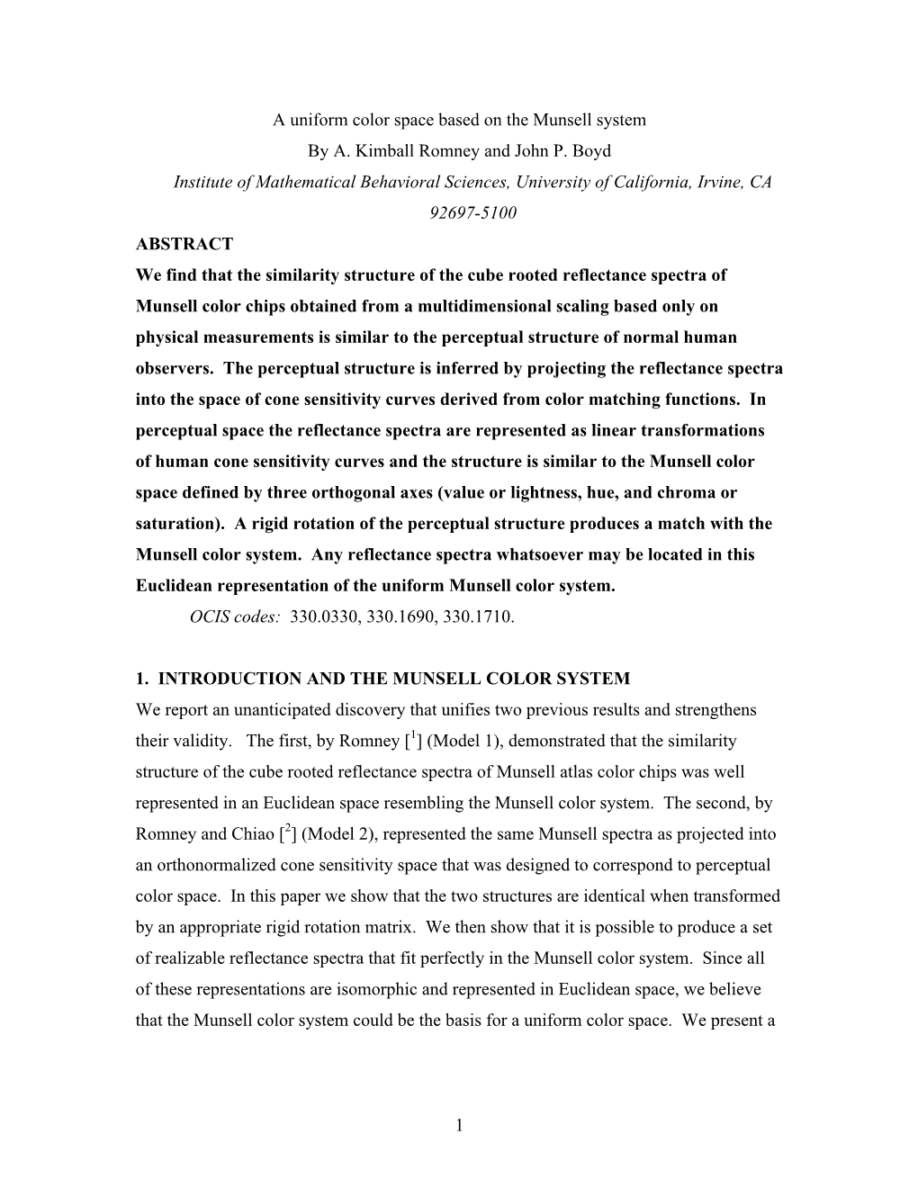 1 a Uniform Color Space Based on the Munsell System by A. Kimball