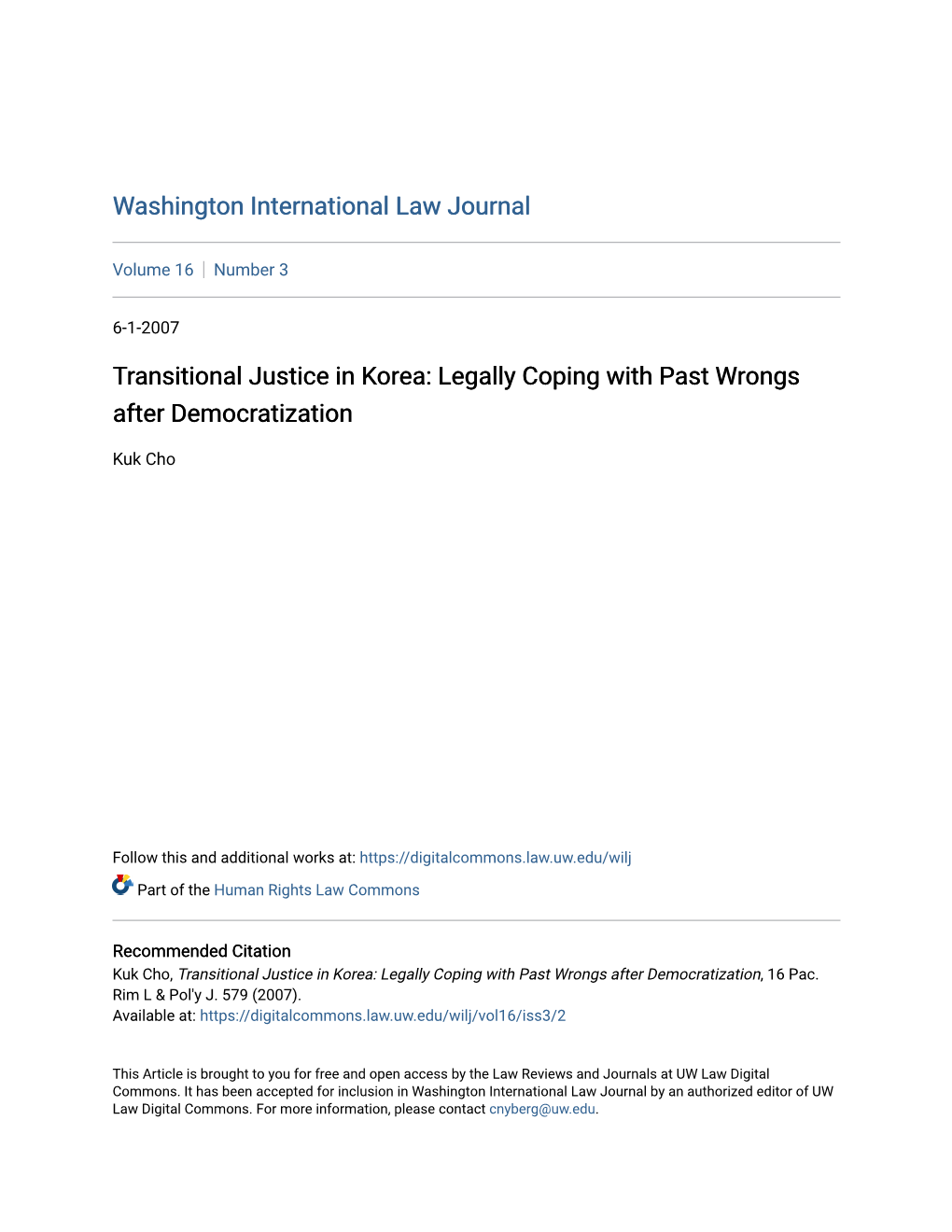 Transitional Justice in Korea: Legally Coping with Past Wrongs After Democratization