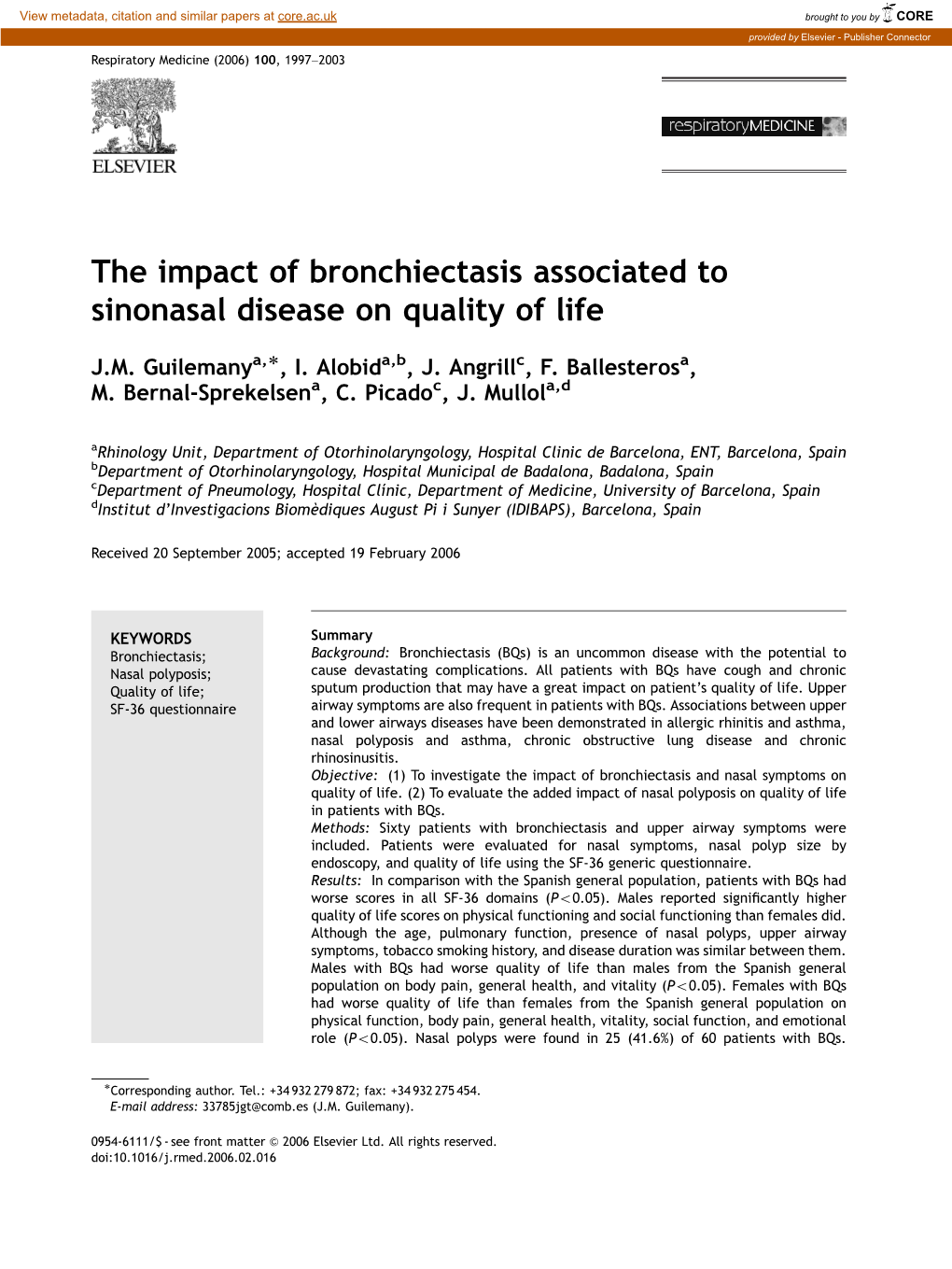 The Impact of Bronchiectasis Associated to Sinonasal Disease on Quality of Life