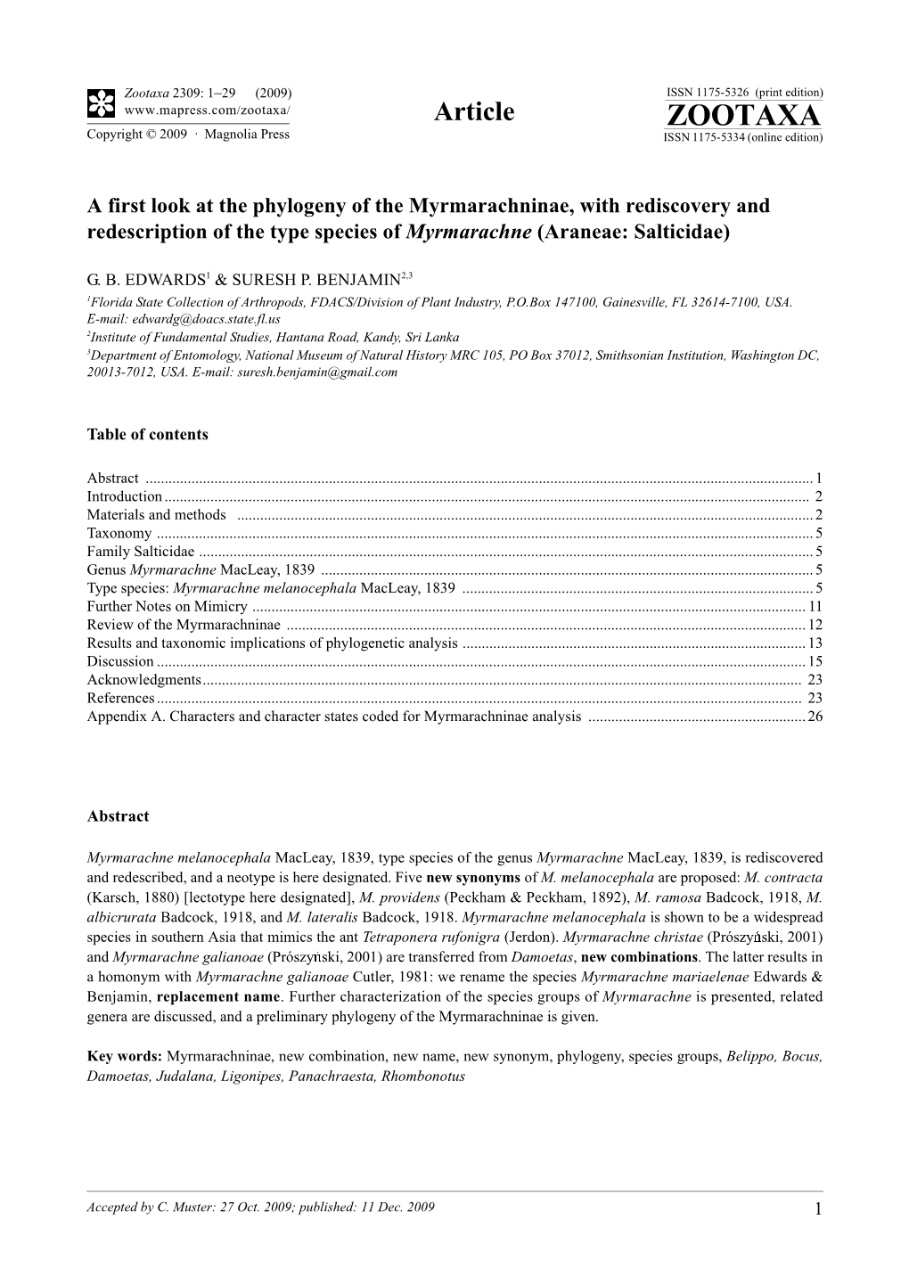 Zootaxa 2309: 1–29 (2009) ISSN 1175-5326 (Print Edition) Article ZOOTAXA Copyright © 2009 · Magnolia Press ISSN 1175-5334 (Online Edition)