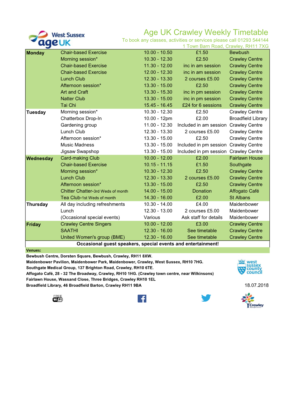 Age UK Crawley Weekly Timetable