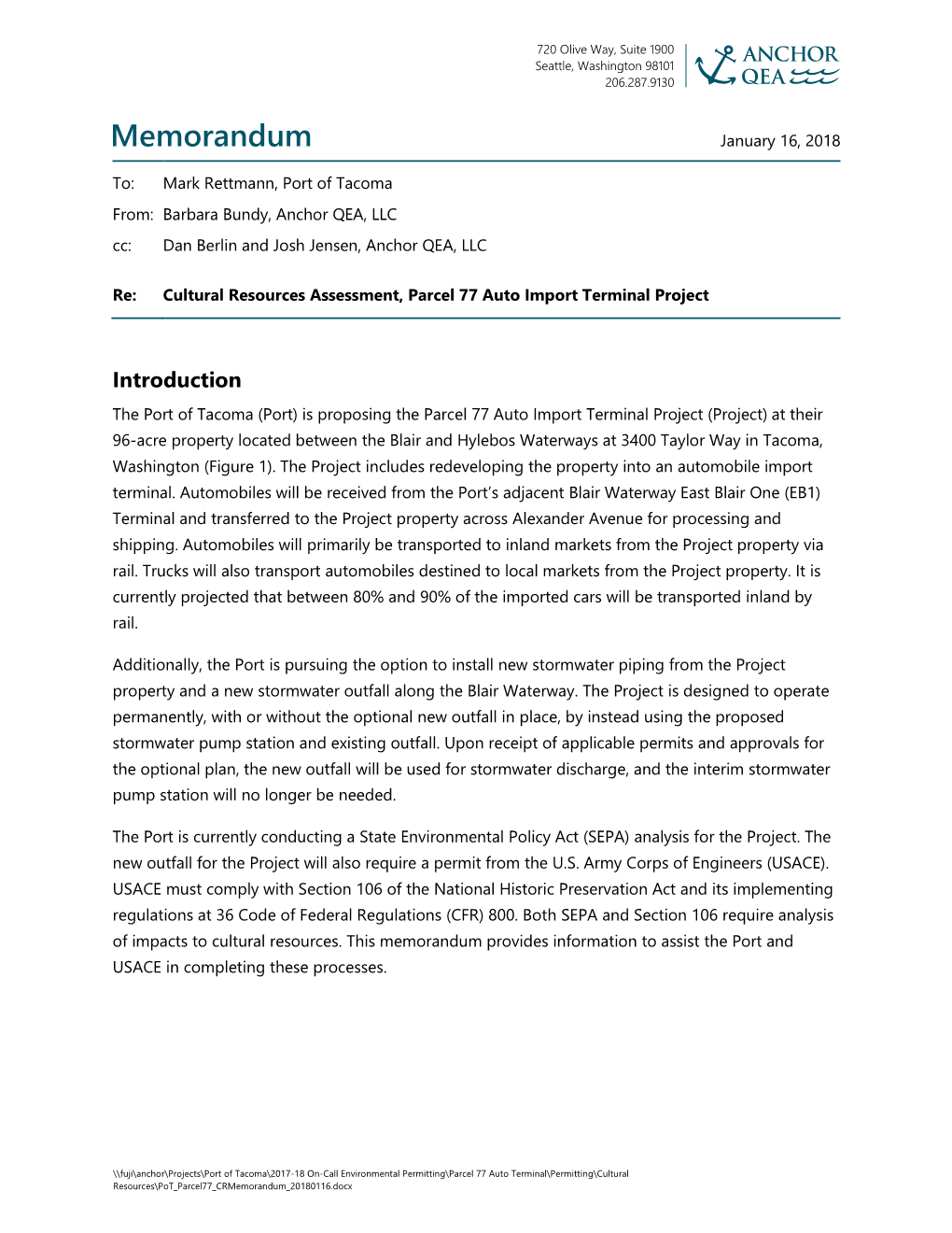 Cultural Resources Assessment, Parcel 77 Auto Import Terminal Project