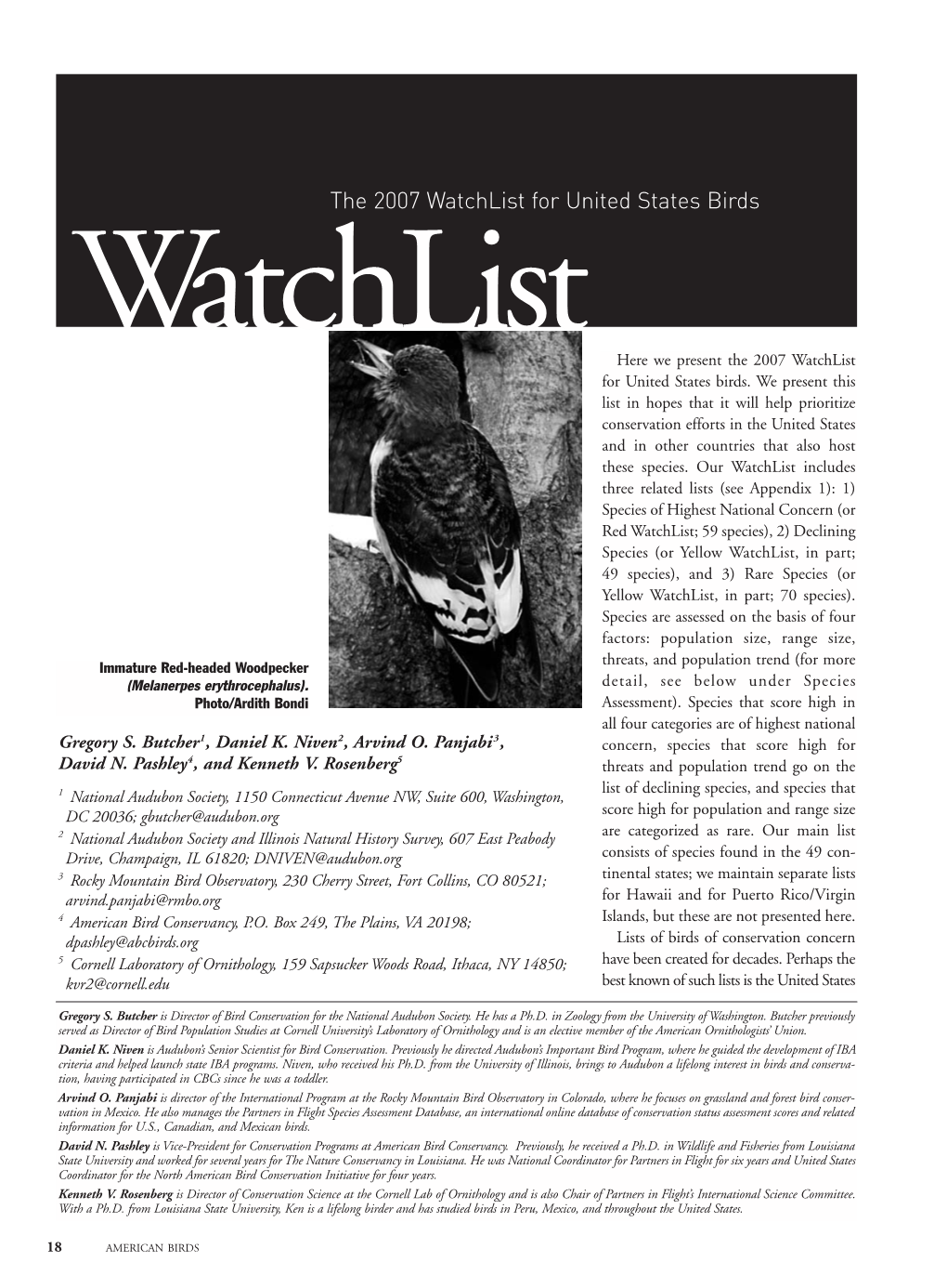 The 2007 Watchlist for United States Birds Watchlist Here We Present the 2007 Watchlist for United States Birds